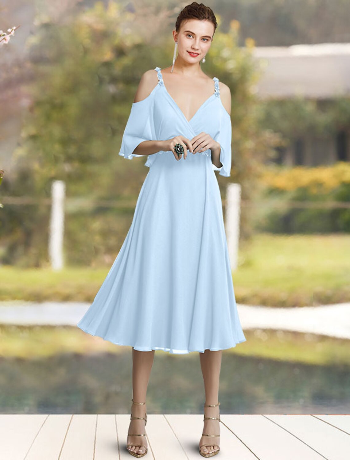 wholesale  A-Line Mother of the Bride Dress Elegant Sweet V Neck Tea Length Chiffon Sleeveless with Sash / Ribbon Beading