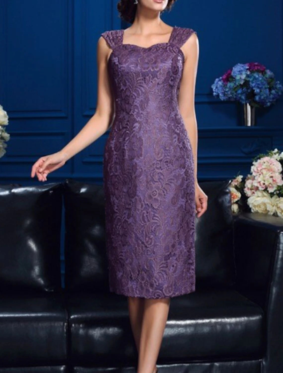 Wholesa Two Piece Sheath / Column Mother of the Bride Dress Church Elegant Jewel Neck Knee Length Chiffon Lace Long Sleeve Jacket Dresses with Appliques