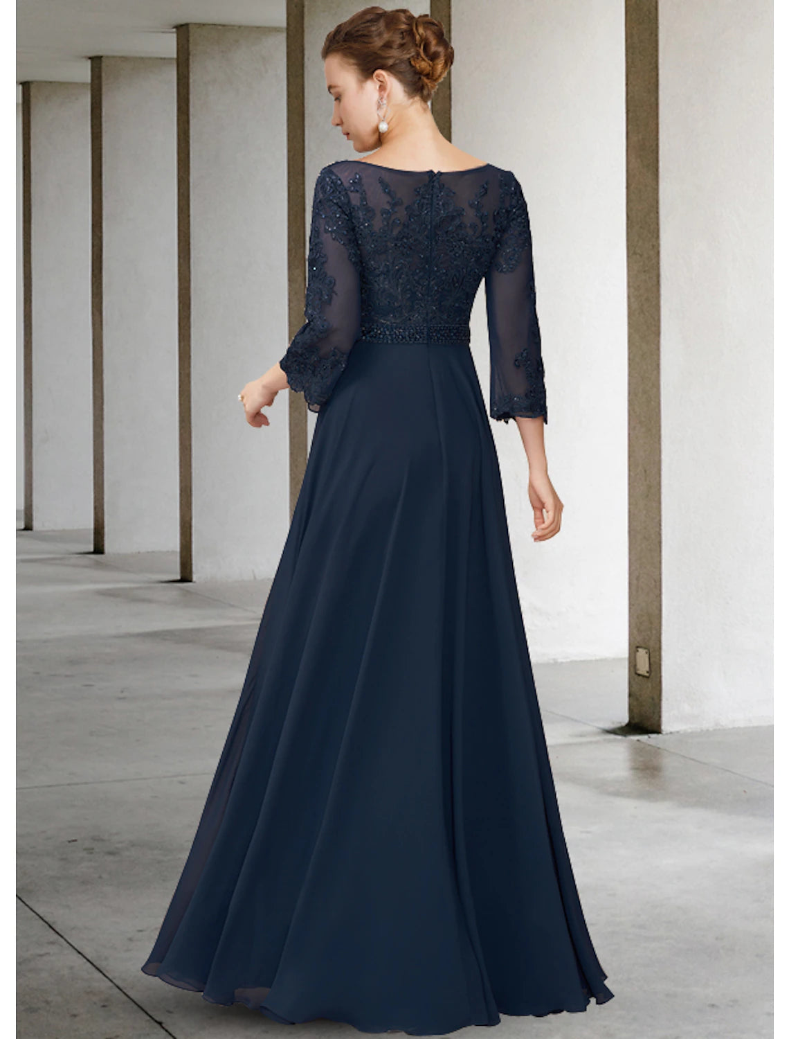 wholesale  A-Line Mother of the Bride Dress Elegant V Neck Floor Length Chiffon Lace 3/4 Length Sleeve with Appliques