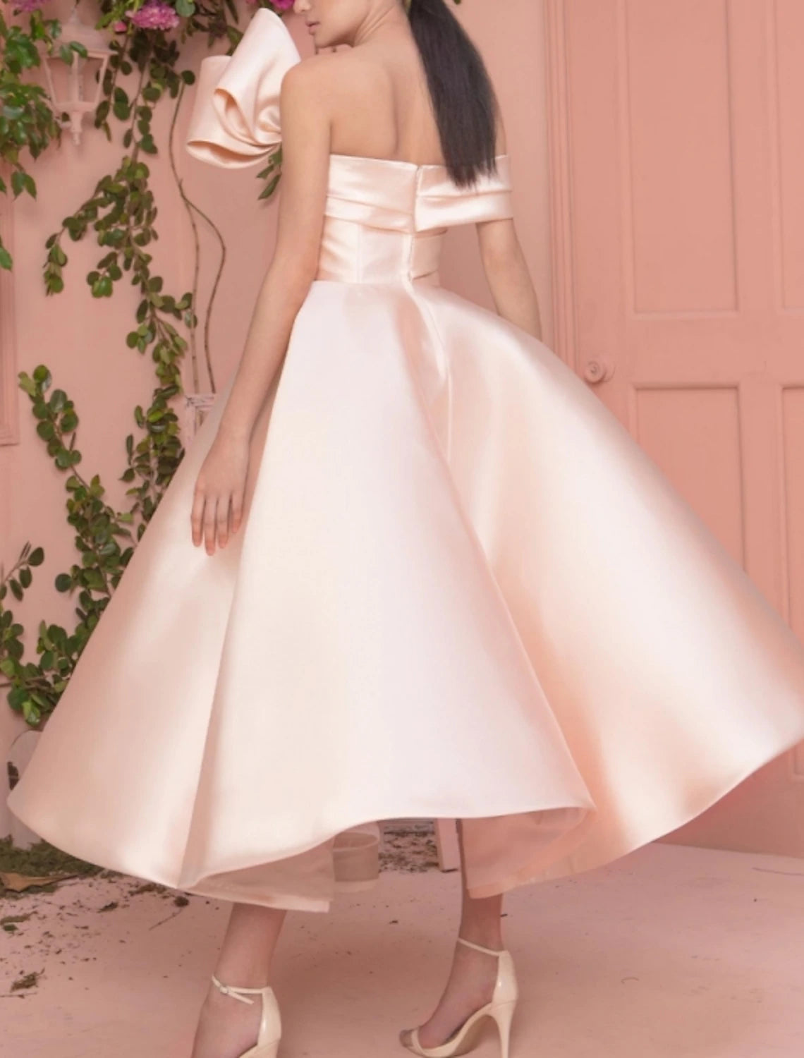 Wholesa A-Line Prom Dresses Elegant Dress Valentine's Day Wedding Guest Ankle Length Short Sleeve Off Shoulder Satin with Sleek