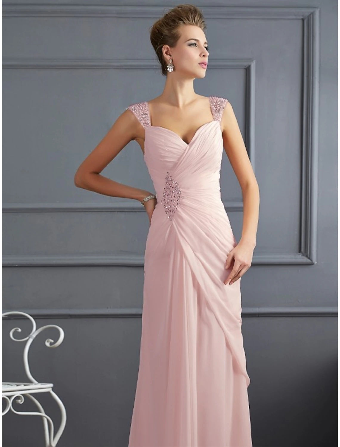 Wholesa  Mermaid / Trumpet Evening Gown Sparkle & Shine Dress Formal Wedding Guest Floor Length Sleeveless Spaghetti Strap Chiffon with Rhinestone Ruched