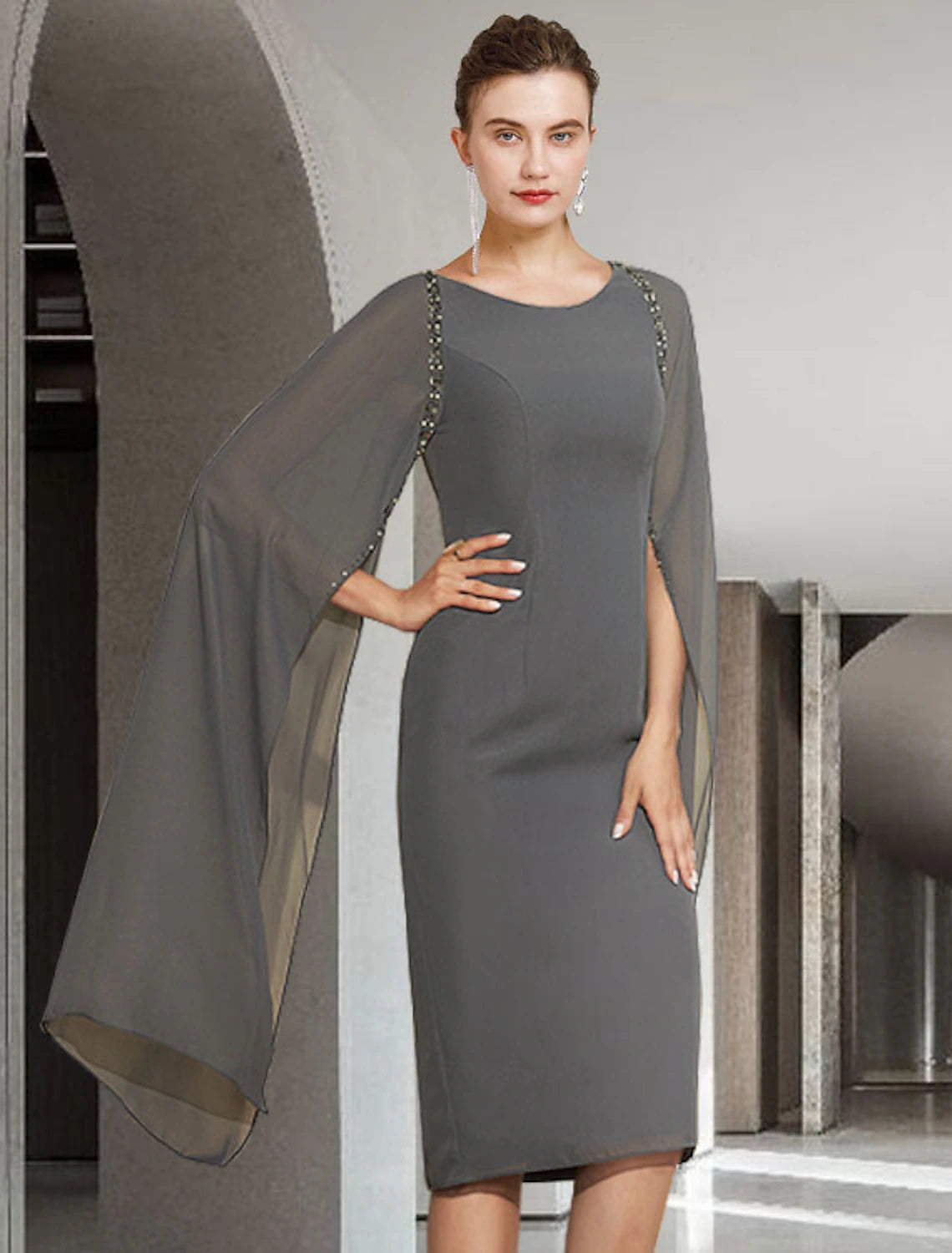 wholesale   Sheath / Column Mother of the Bride Dress Elegant Jewel Neck Knee Length Chiffon Long Sleeve with Beading