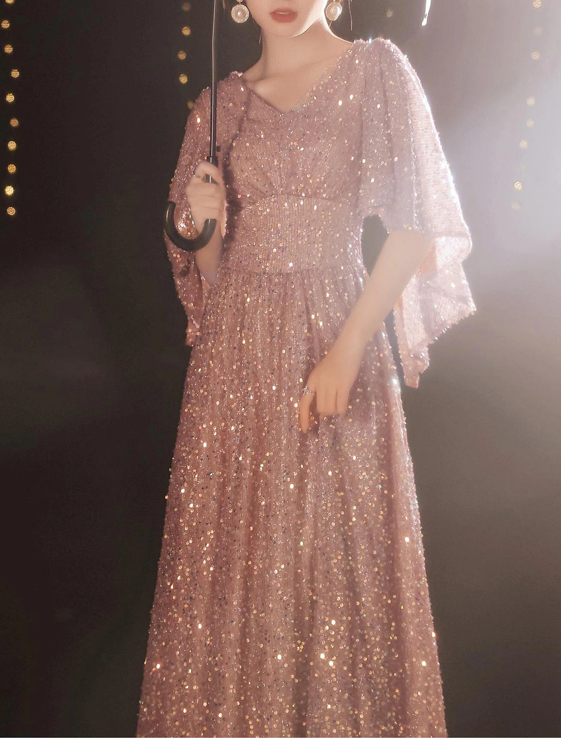 Wholesa A-Line Party Dress Sparkle Elegant Prom Formal Evening Dress V Neck Half Sleeve Floor Length Satin with Sequin