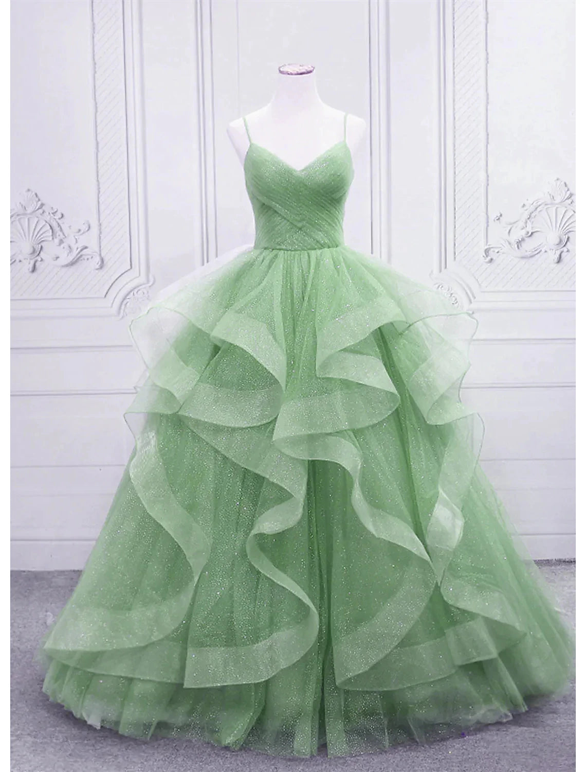 wholesale  Ball Gown Prom Dresses Glittering Dress Formal Prom Floor Length Sleeveless V Neck Tulle with Glitter Ruffles