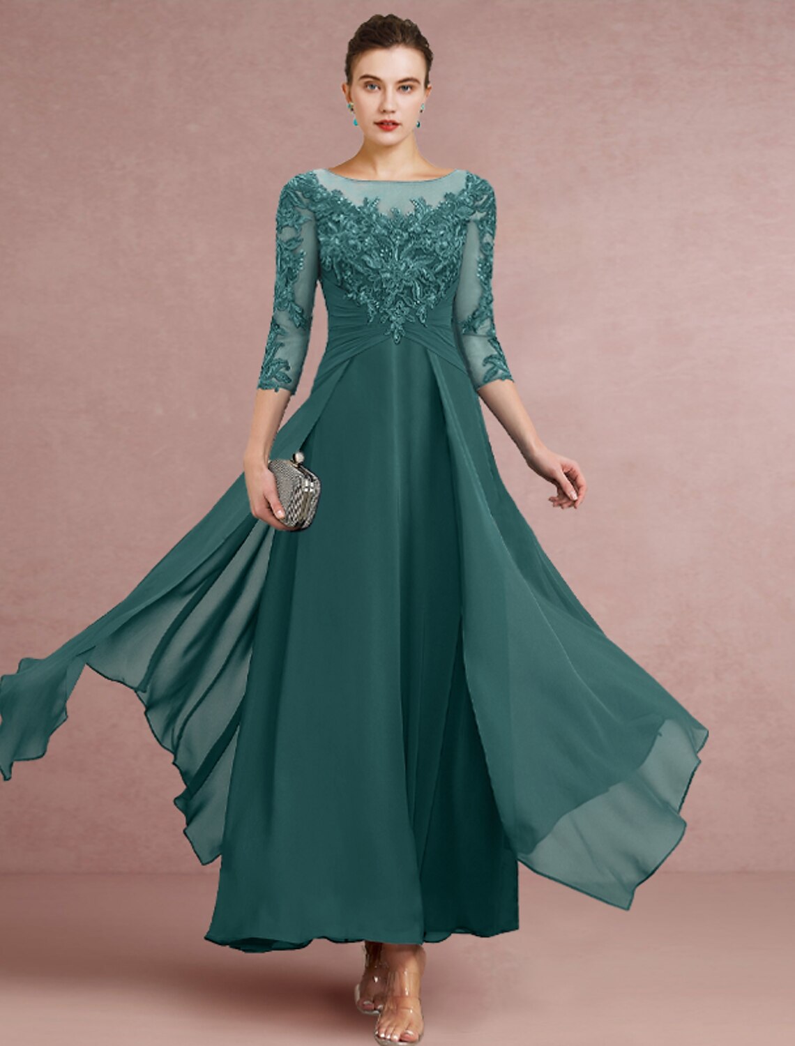 wholesale  Sheath / Column Mother of the Bride Dress Wedding Guest Simple Elegant Jewel Neck Ankle Length Chiffon Lace 3/4 Length Sleeve with Pleats Sequin