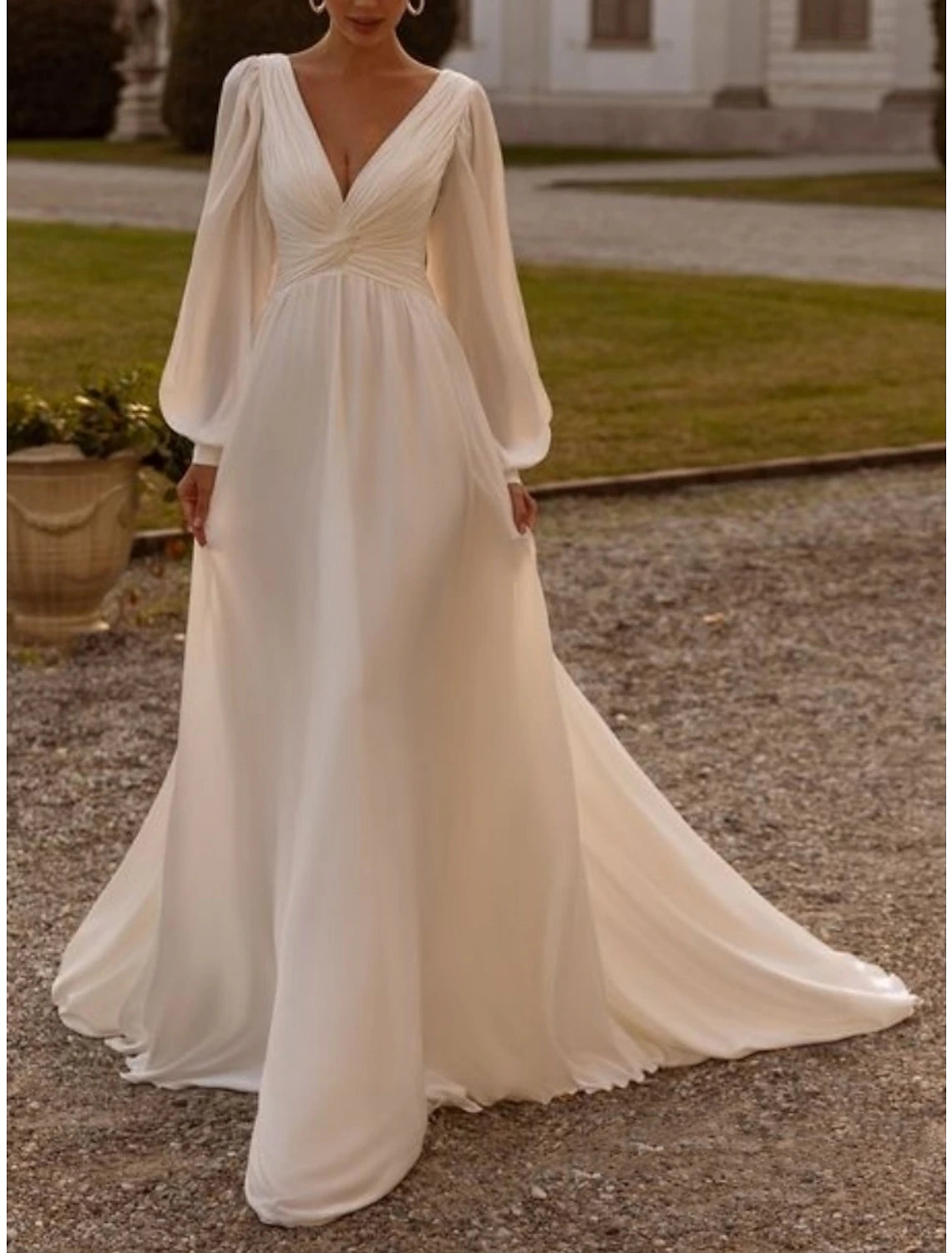Wholesa  Simple Wedding Dresses Wedding Dresses A-Line Camisole Sleeveless Tea Length Chiffon Bridal Gowns With Pleats Solid Color