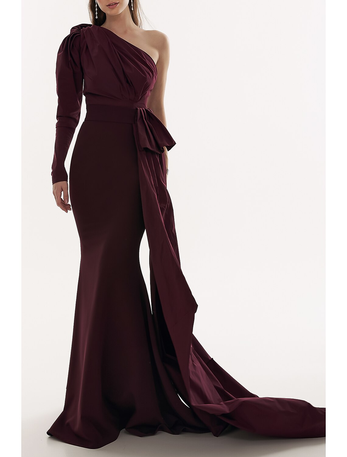 Wholesa Mermaid / Trumpet Evening Gown Elegant Dress Formal Fall Court Train Long Sleeve One Shoulder Stretch Fabric with Pleats