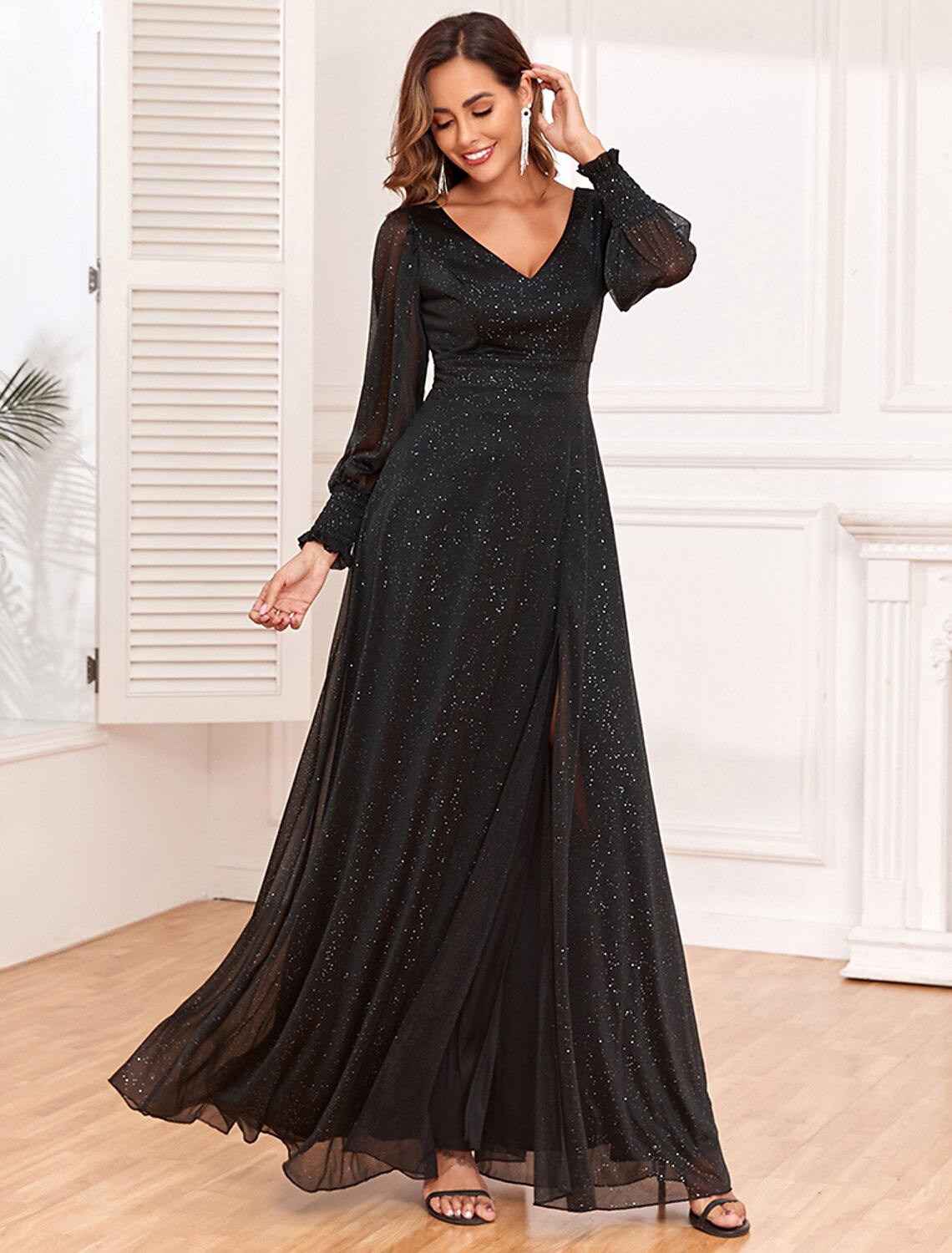 Wholesa A-Line Evening Gown Empire Dress Party Wear Floor Length Long Sleeve V Neck Tulle V Back with Glitter Slit