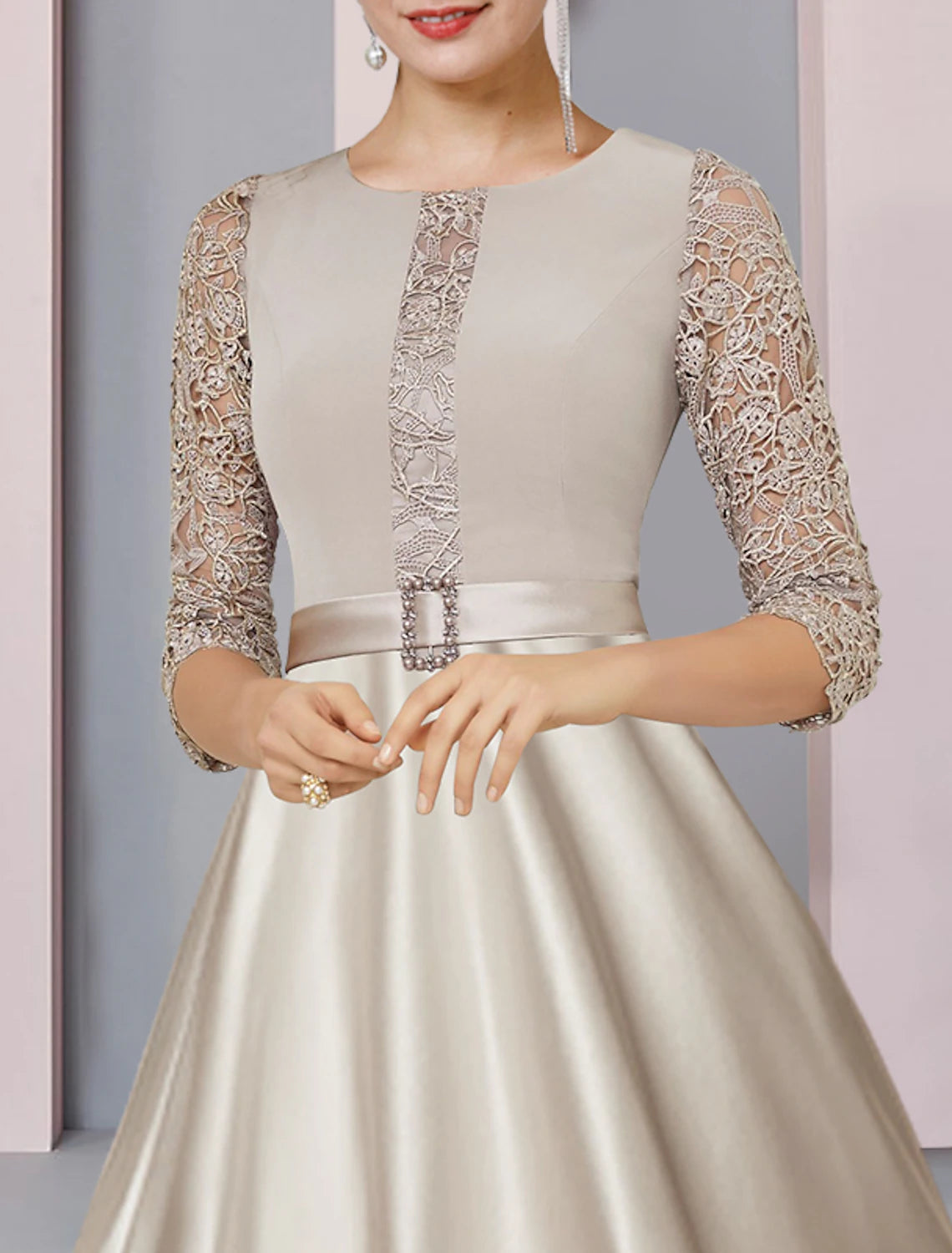 wholesale  A-Line Mother of the Bride Dress Formal Wedding Guest Party Elegant Scoop Neck Tea Length Satin Lace Half Sleeve with Crystal Brooch