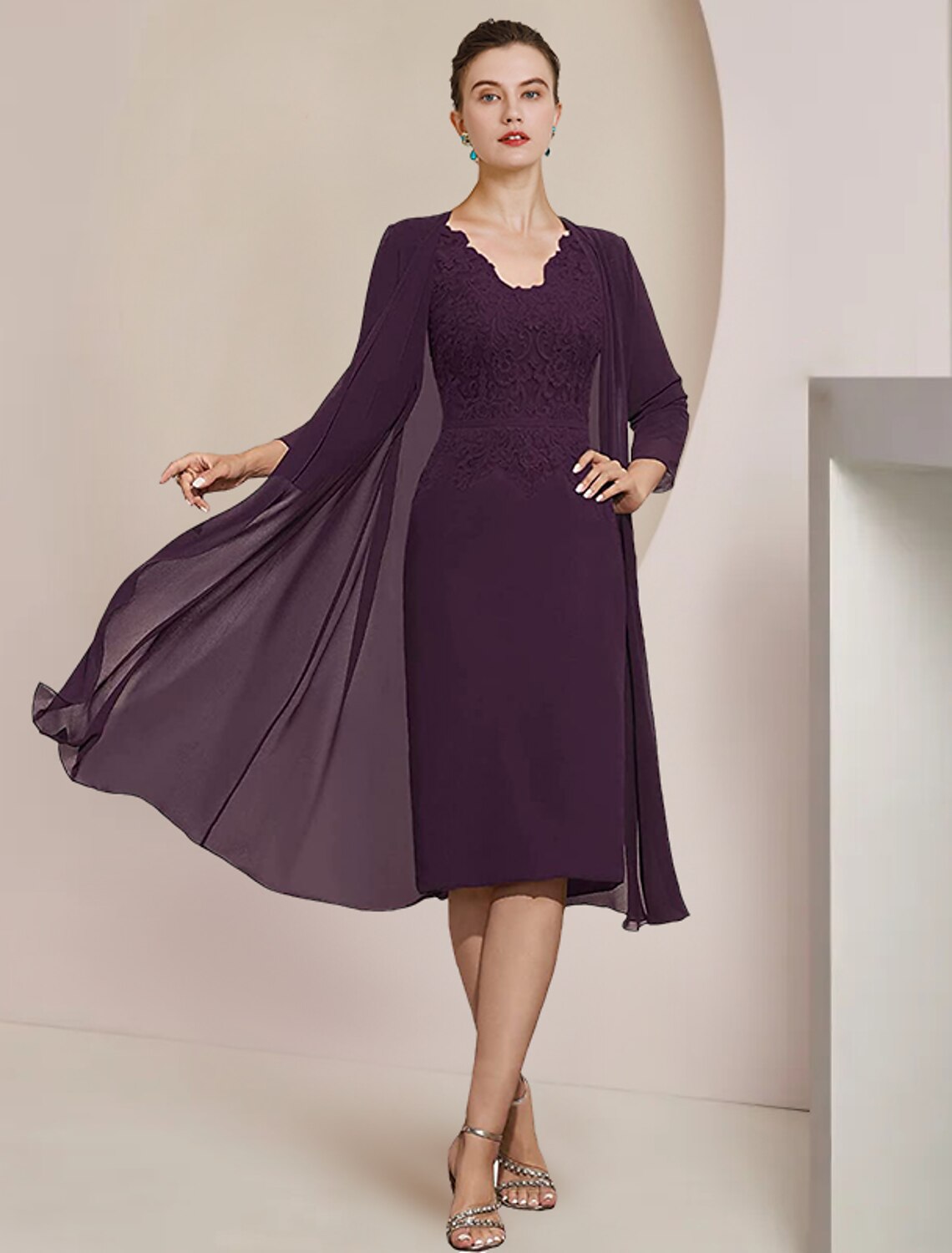 wholesale  Two Piece Sheath / Column Mother of the Bride Dress Formal Wedding Guest Elegant V Neck Knee Length Chiffon Lace Short Sleeve Jacket Dresses with Appliques