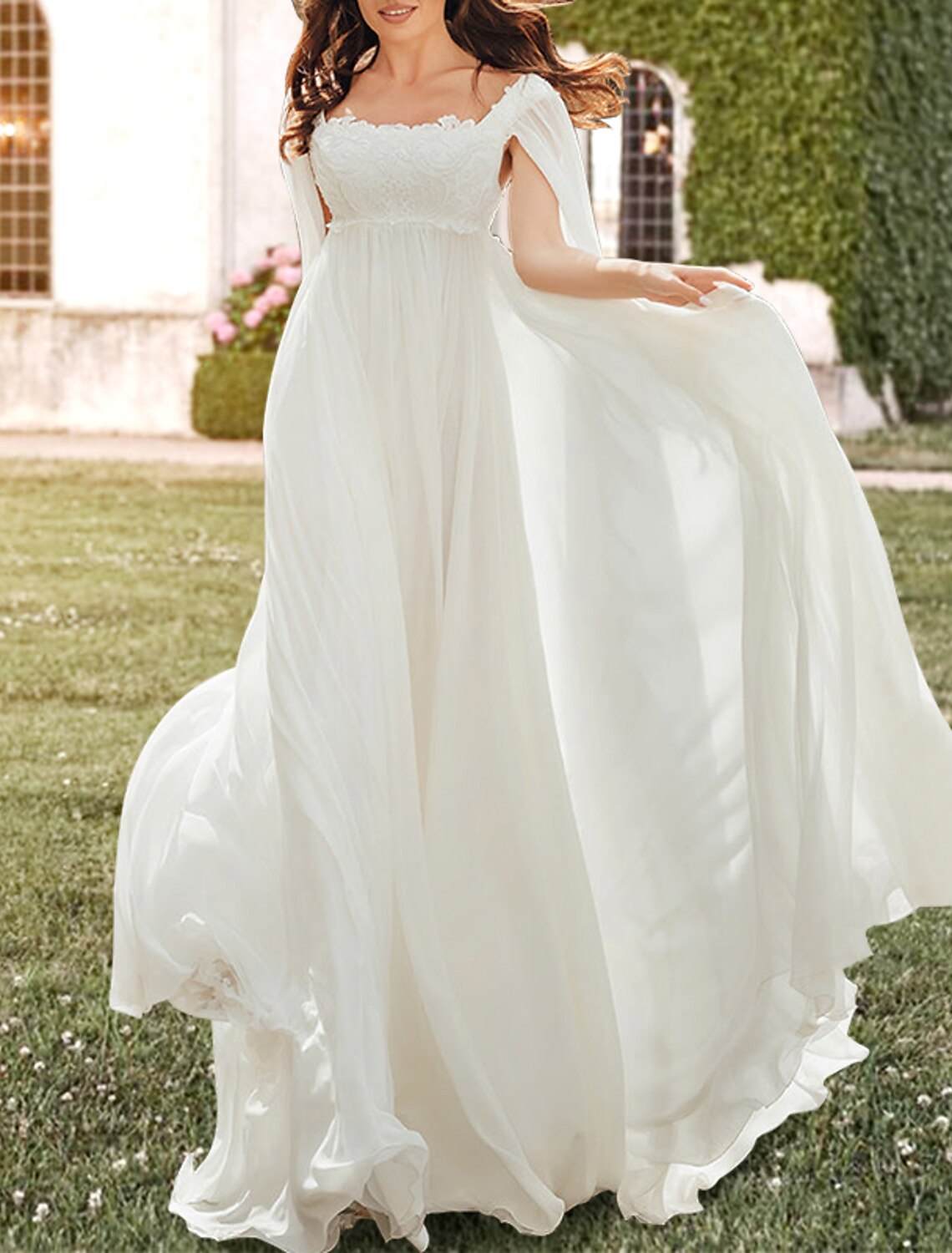 Wholesa  Hall Casual Wedding Dresses A-Line Square Neck Sleeveless Sweep / Brush Train Chiffon Bridal Gowns With Pleats Appliques