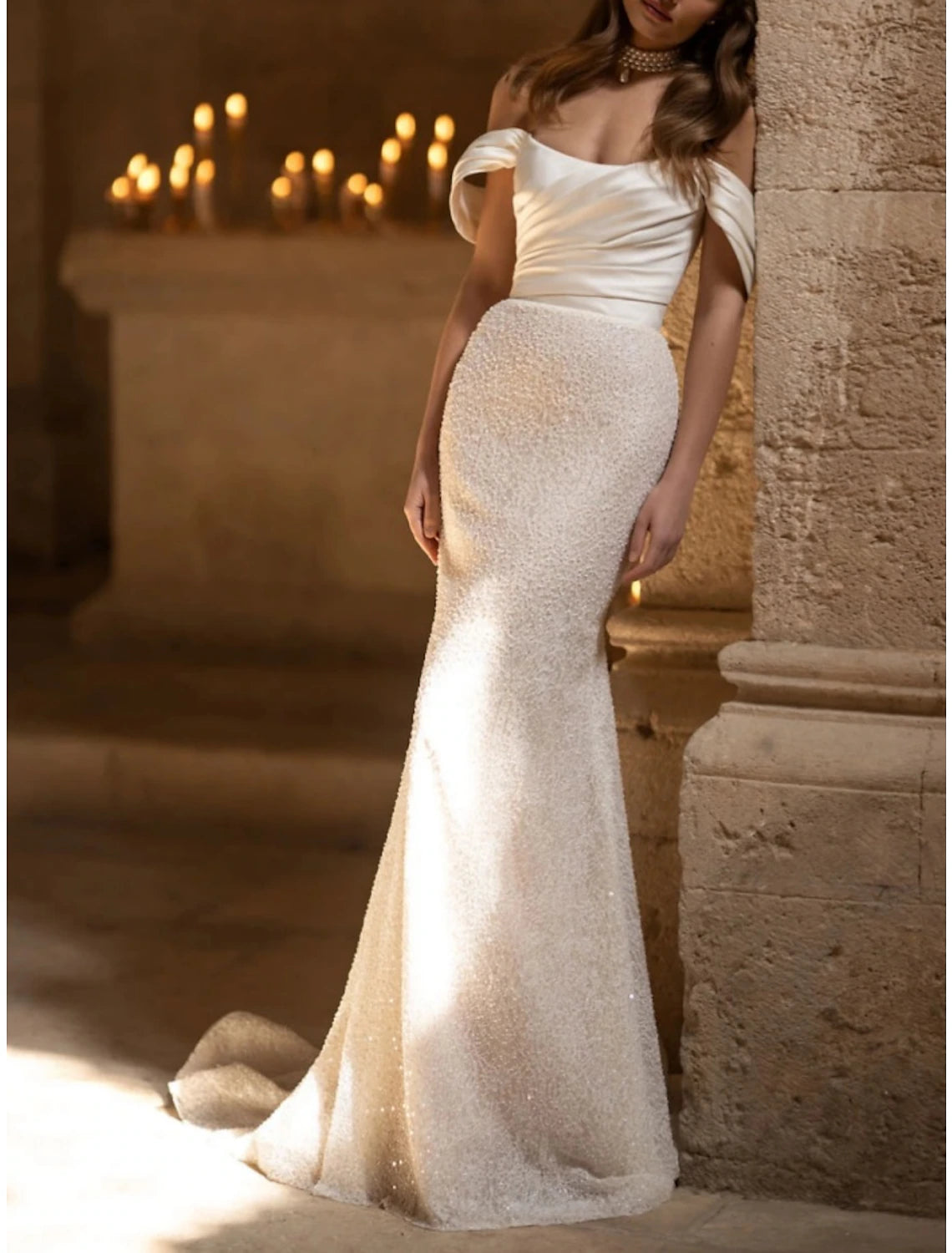 Wholesa Formal Wedding Dresses Mermaid / Trumpet Off Shoulder Sleeveless Court Train Satin Bridal Gowns With Pleats Solid Color