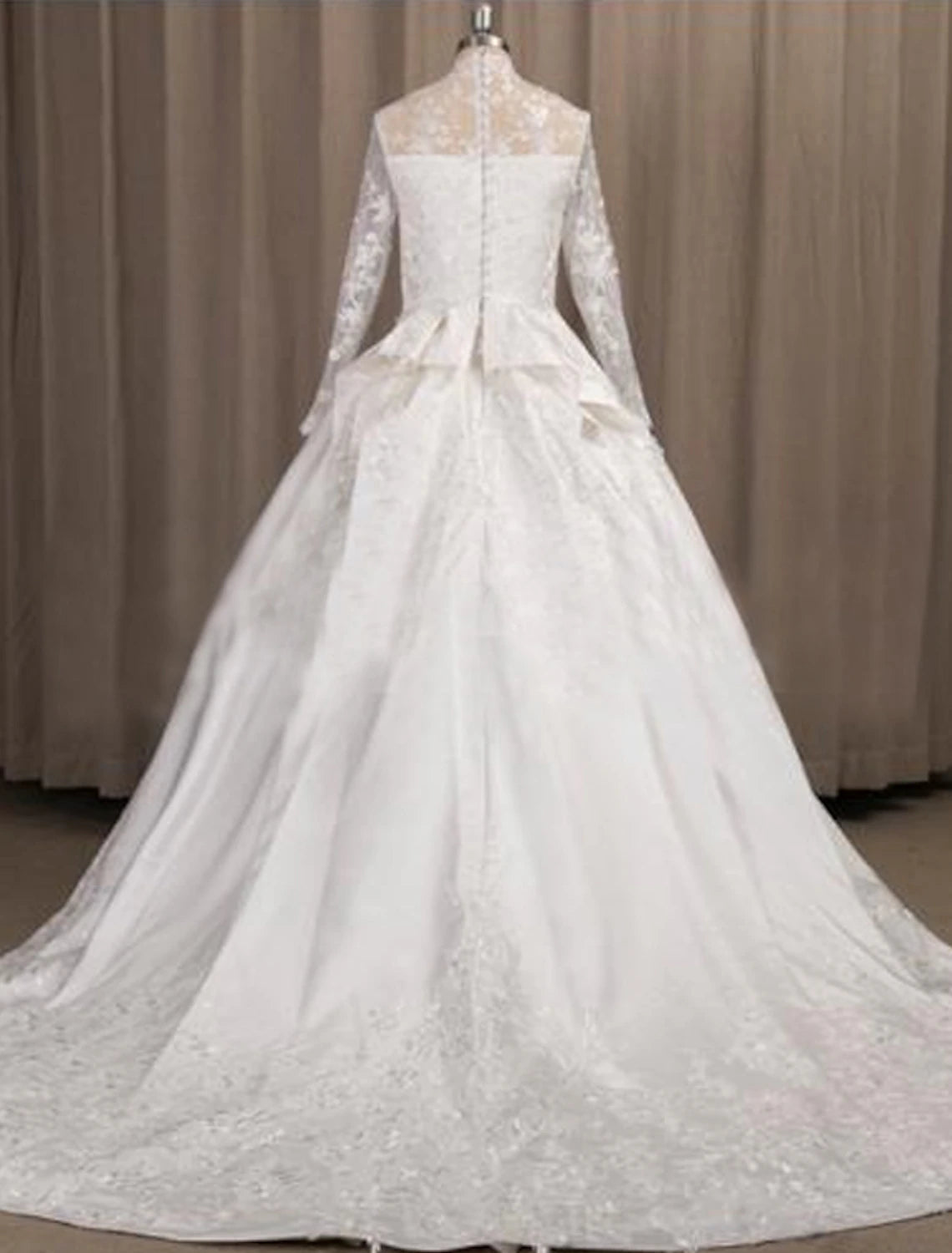 wholesale  Engagement Formal Fall Wedding Dresses A-Line Illusion Neck Long Sleeve Court Train Satin Bridal Gowns With Pleats Appliques