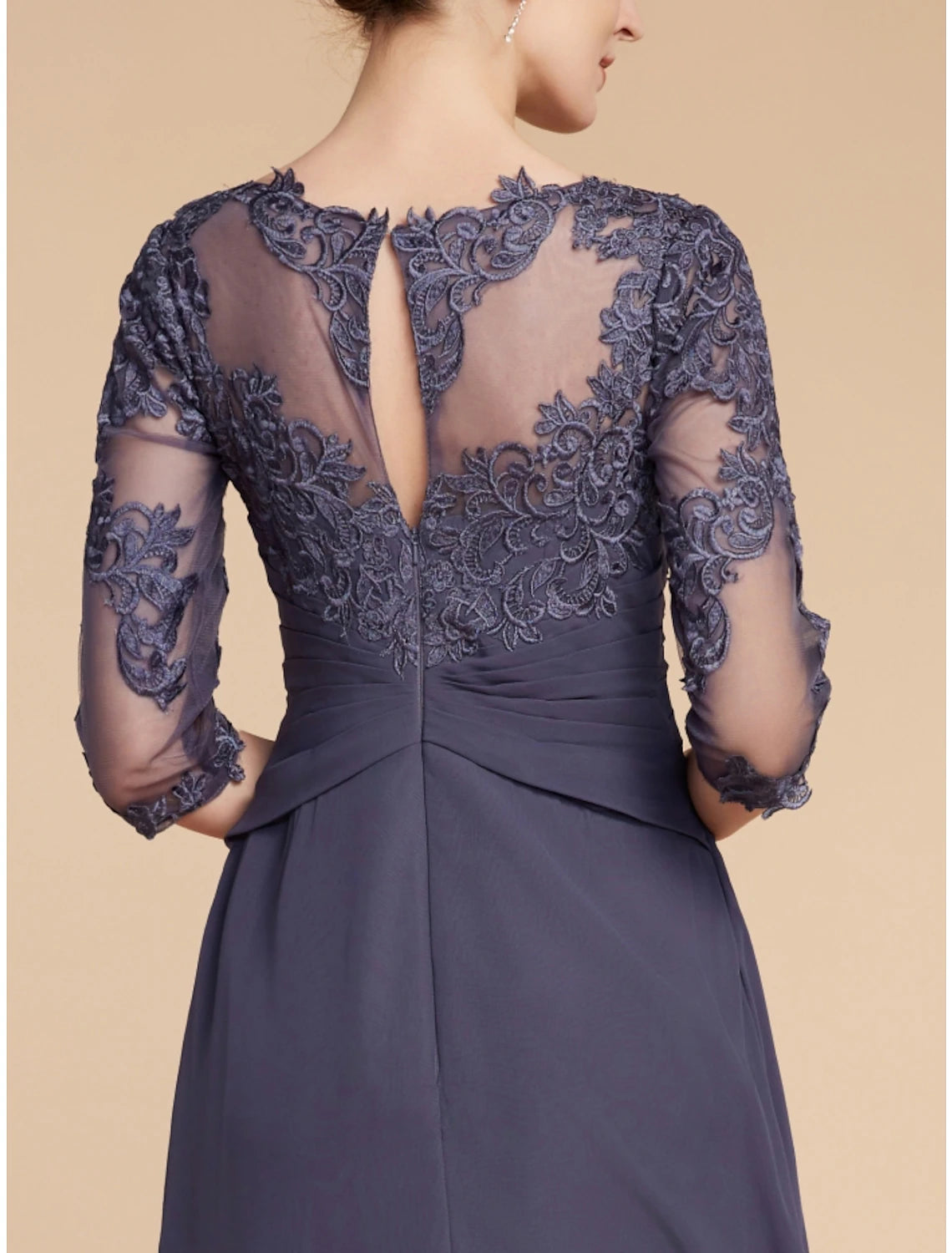 Wholesa  A-Line Mother of the Bride Dress Wedding Guest Elegant Scoop Neck Ankle Length Chiffon Lace 3/4 Length Sleeve with Ruching Solid Color