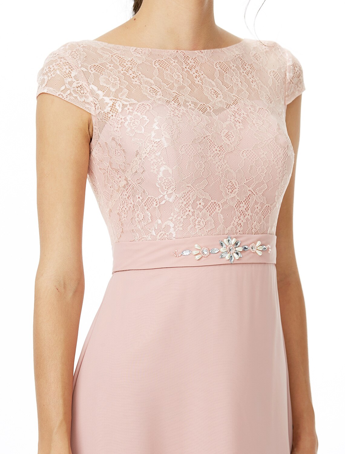 wholesale   Sheath / Column Bridesmaid Dress Bateau Neck Short Sleeve Elegant Floor Length Chiffon / Lace with Lace / Sash / Ribbon / Bow(s)