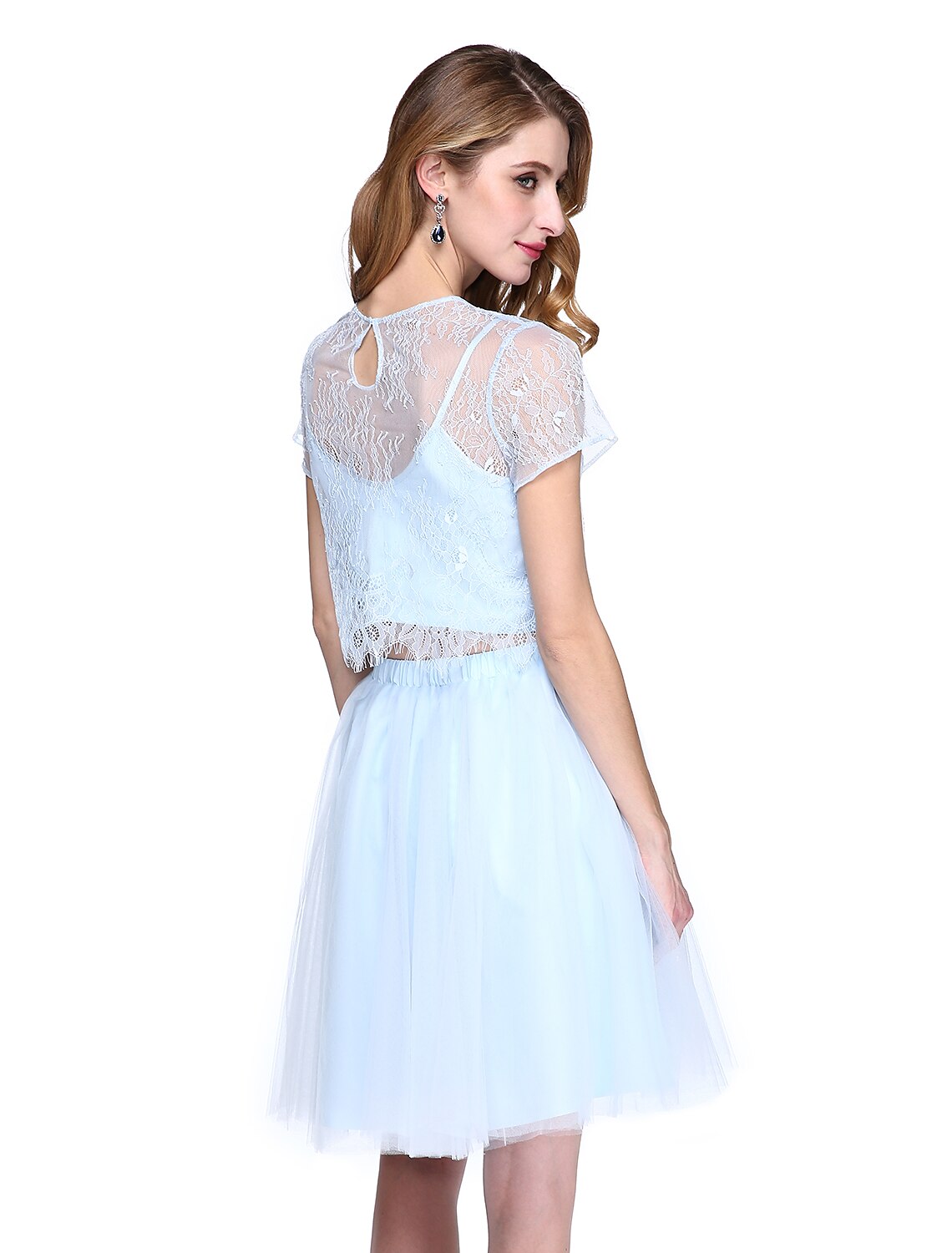 wholesale  A-Line Mother of the Bride Dress Two Piece Jewel Neck Knee Length Lace Tulle Short Sleeve No with Lace