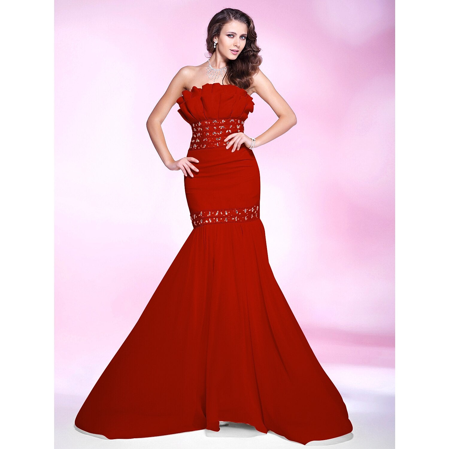 Wholesa Mermaid / Trumpet Elegant Engagement Formal Evening Dress Strapless Sleeveless Sweep / Brush Train Chiffon with Beading Ruffles