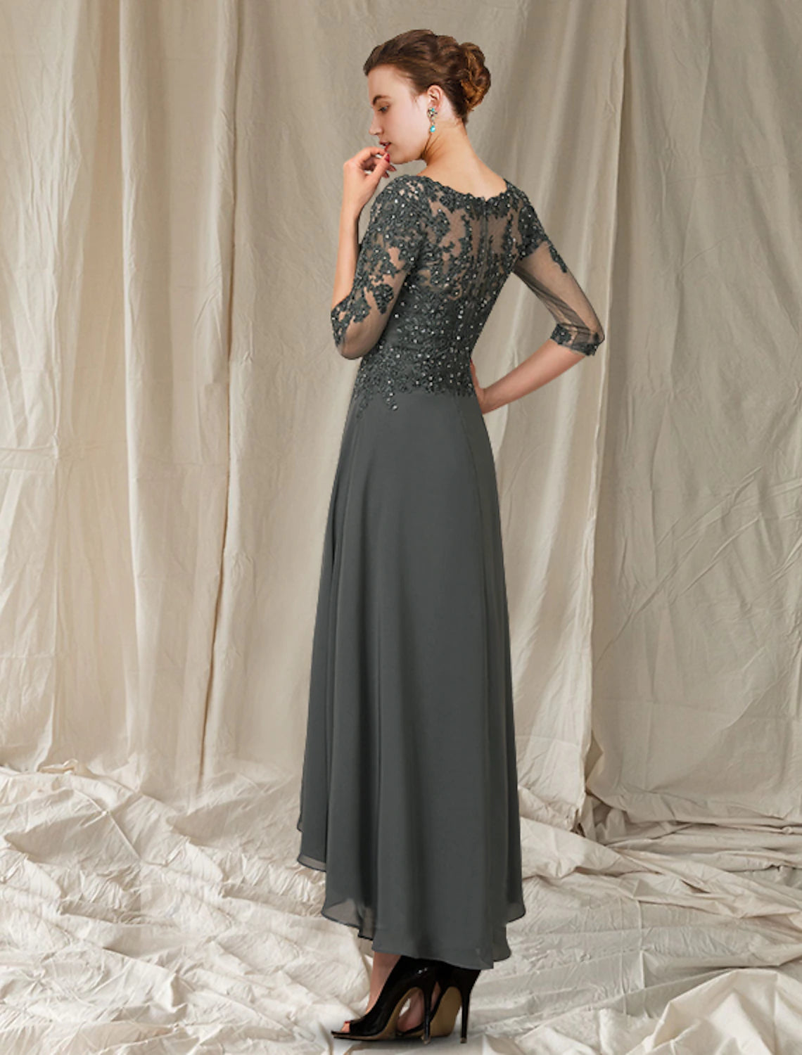 wholesale  A-Line Mother of the Bride Dress Elegant High Low V Neck Asymmetrical Ankle Length Chiffon Lace Half Sleeve with Pleats Appliques