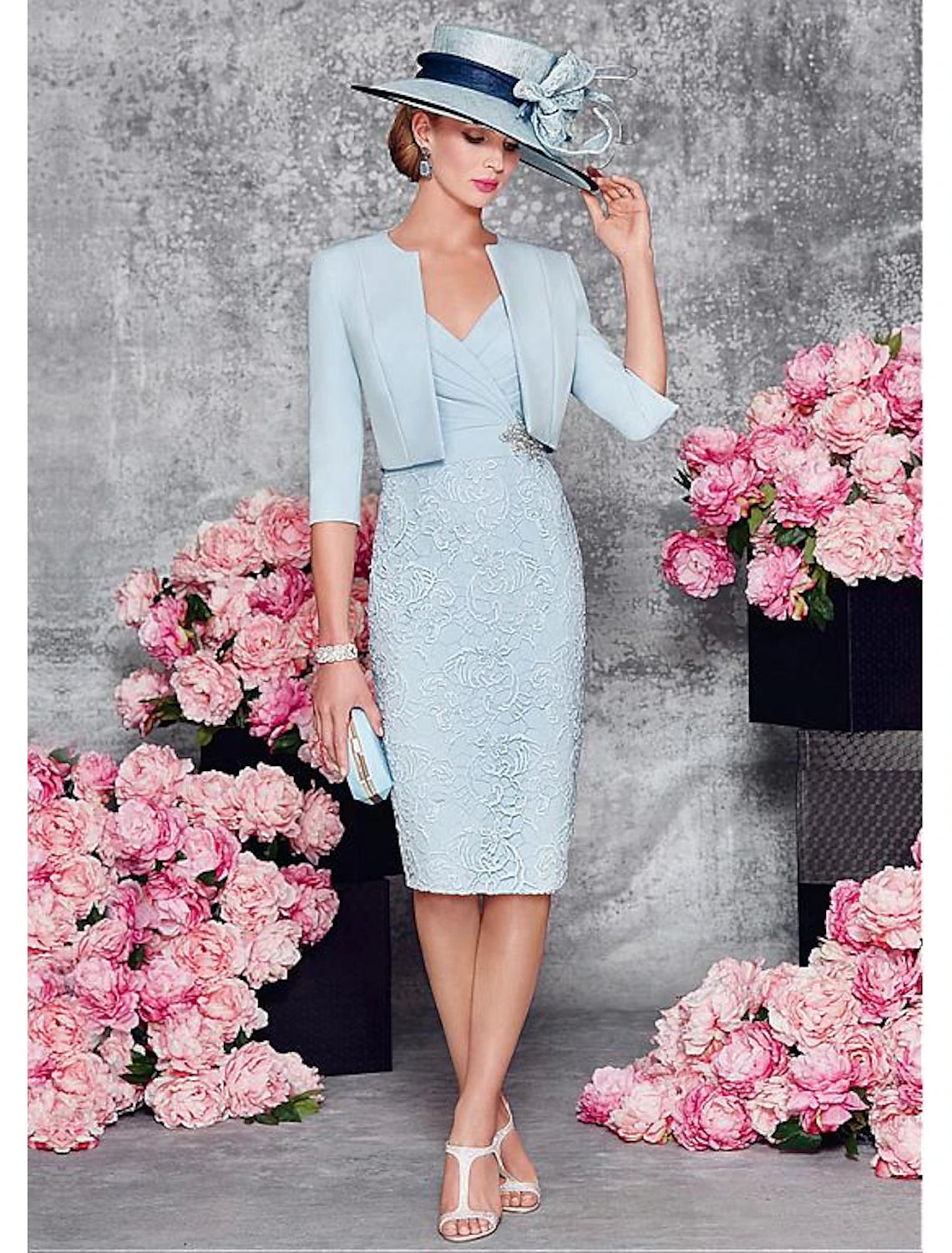 wholesale  Two Piece Sheath / Column Mother of the Bride Dress Wedding Guest Church Plunging Neck Knee Length Satin Lace Half Sleeve Short Jacket Dresses with Lace Split Front Crystal Brooch