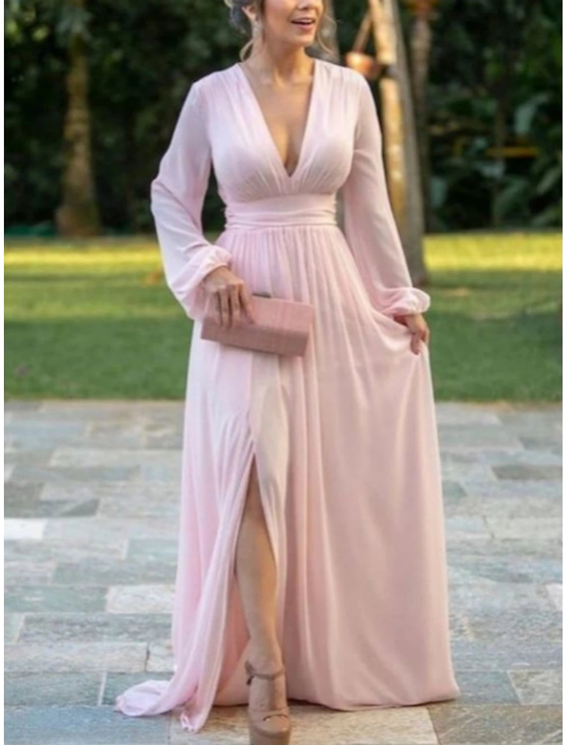 Wholesa A-Line Mother of the Bride Dress Wedding Guest Elegant V Neck Sweep / Brush Train Chiffon Long Sleeve with Split Front Ruching
