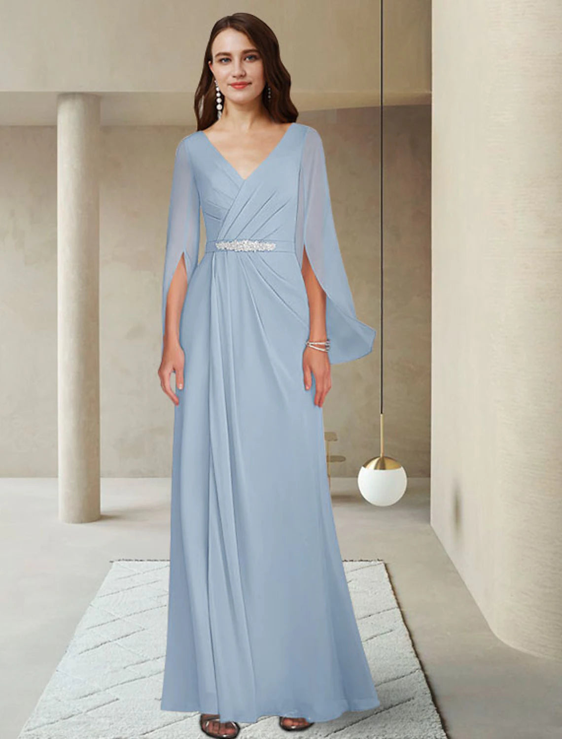 wholesale  Sheath / Column Mother of the Bride Dress Elegant V Neck Ankle Length Chiffon Long Sleeve with Crystal Brooch Ruching