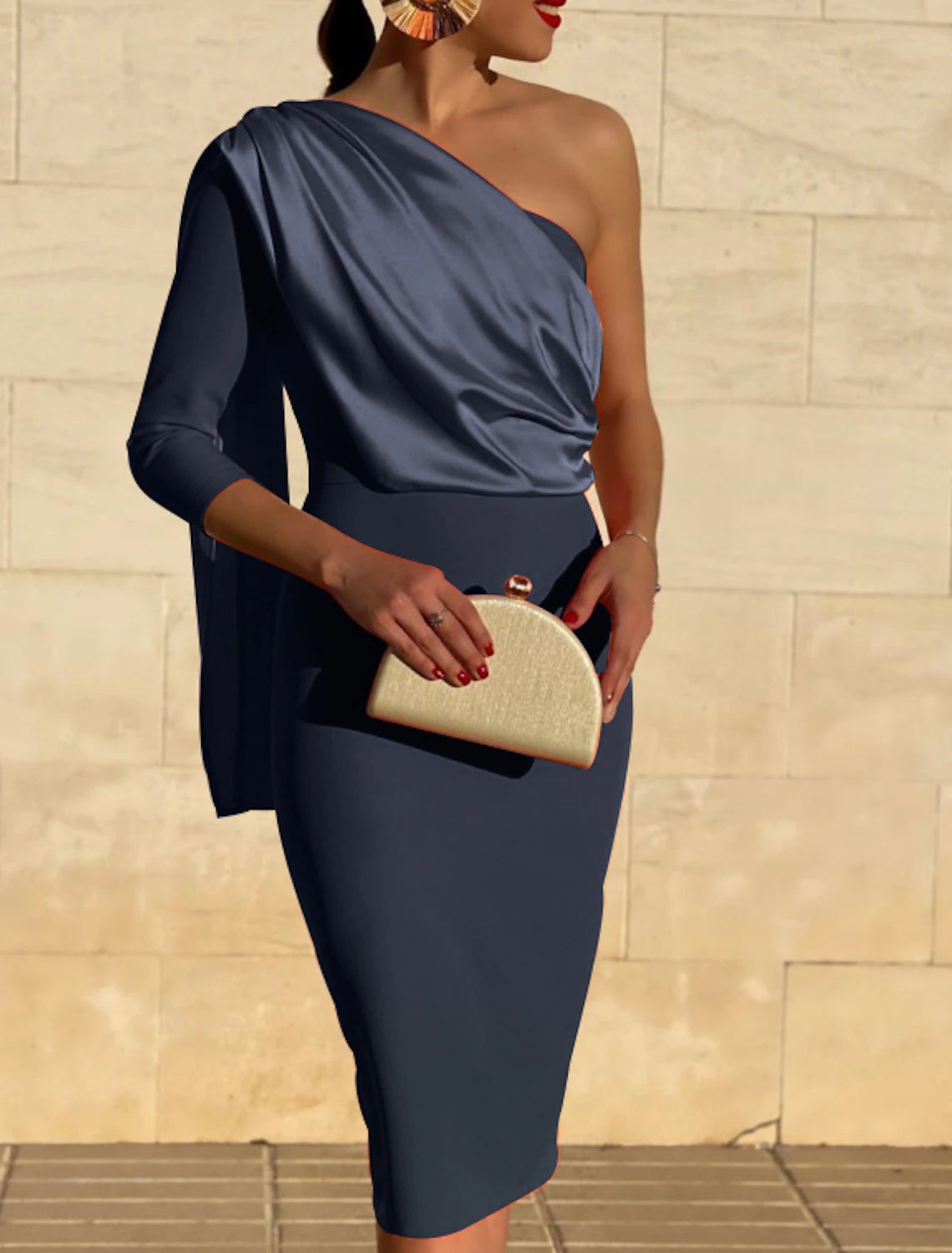 wholesale  Sheath / Column Cocktail Dresses Vintage Dress Fall Wedding Guest Dress Knee Length 3/4 Length Sleeve One Shoulder Stretch Fabric with Draping