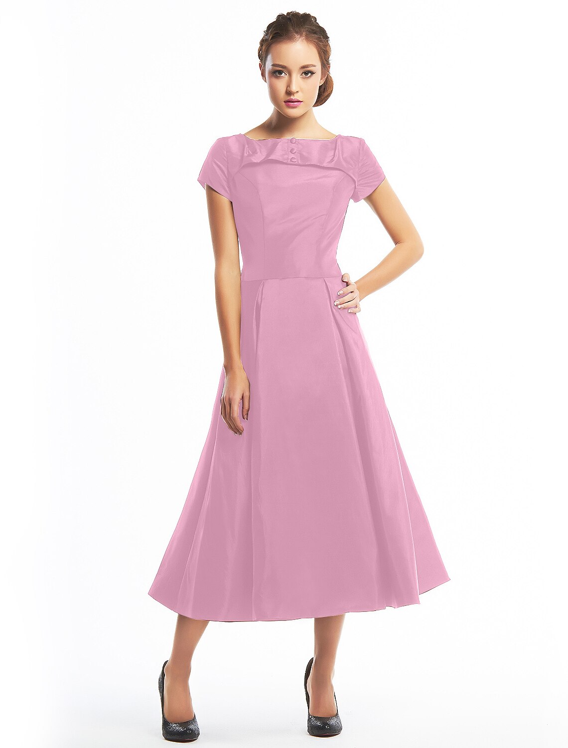 Wholesa  A-Line Black Dress Vintage Homecoming Wedding Guest Tea Length Short Sleeve Boat Neck Taffeta with Buttons