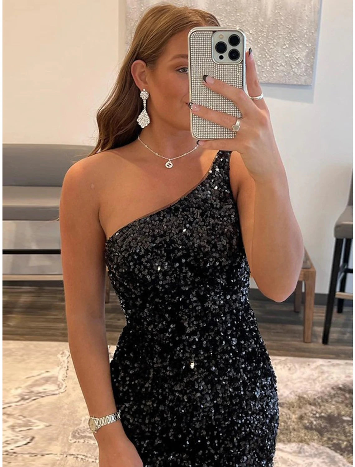 Wholesa Mermaid / Trumpet Homecoming Dresses Black Dress Graduation Cocktail Party Short / Mini Sleeveless One Shoulder Sequined with Sequin