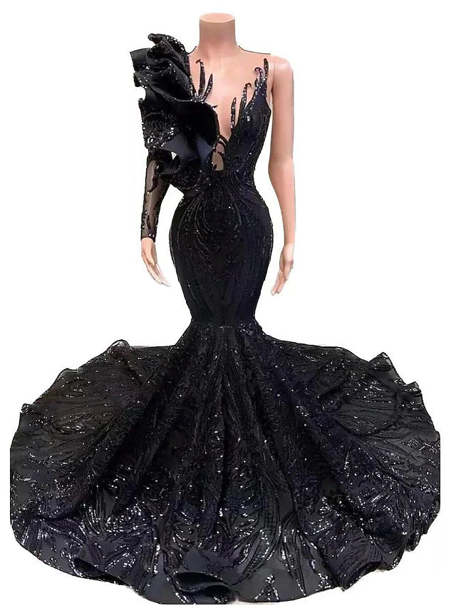 Wholesa Mermaid / Trumpet Evening Gown Floral Dress Formal Chapel Train Long Sleeve One Shoulder African American Sequined with Sequin