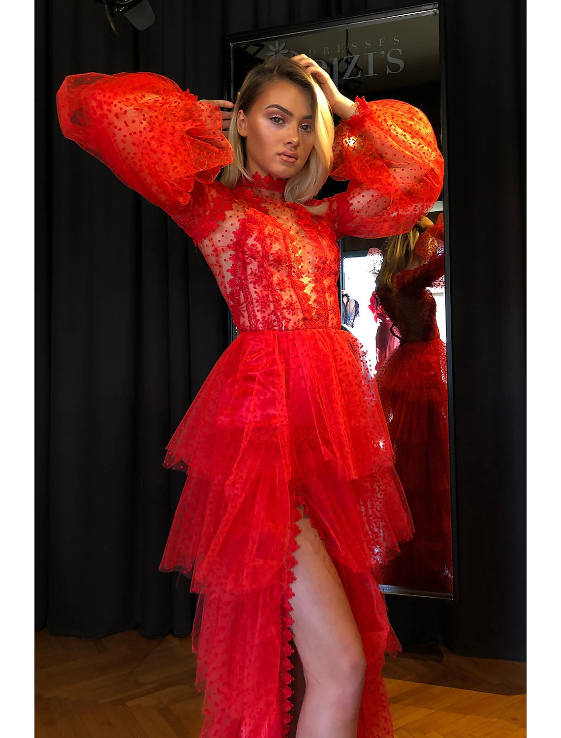 wholesale  Sheath / Column Empire Sexy High Split Party Wear Prom Valentine's Day Dress High Neck Long Sleeve Floor Length Lace with Slit Tier