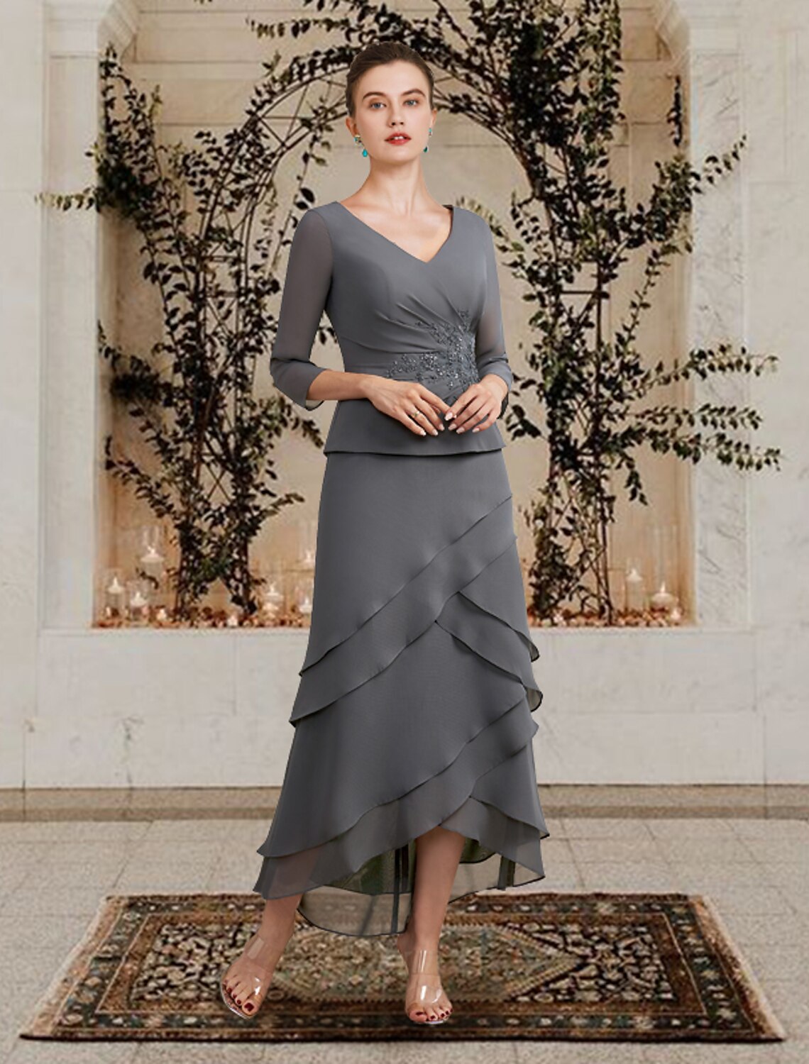 wholesale  A-Line Mother of the Bride Dress Plus Size Elegant High Low V Neck Asymmetrical Tea Length Chiffon 3/4 Length Sleeve with Appliques Cascading Ruffles Side-Draped
