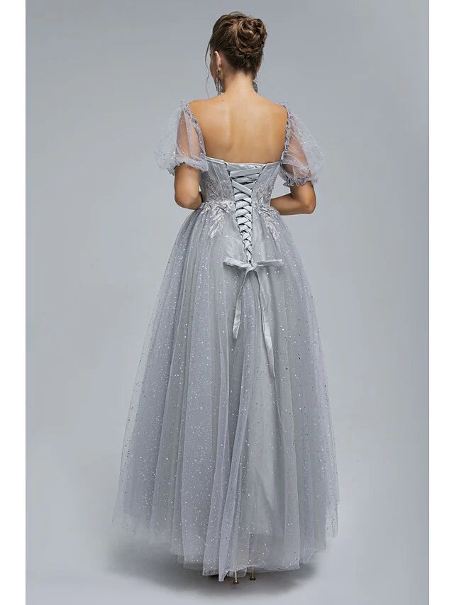 Wholesa A-Line Prom Dresses Princess Dress Quinceanera Tea Length Short Sleeve Off Shoulder Tulle with Sequin Appliques