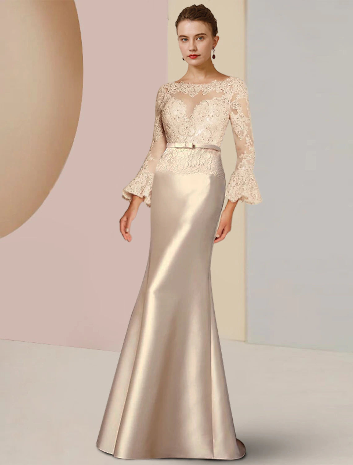 wholesale  Sheath / Column Mother of the Bride Dress Wedding Guest Elegant Scoop Neck Sweep / Brush Train Satin Lace Long Sleeve with Beading Appliques