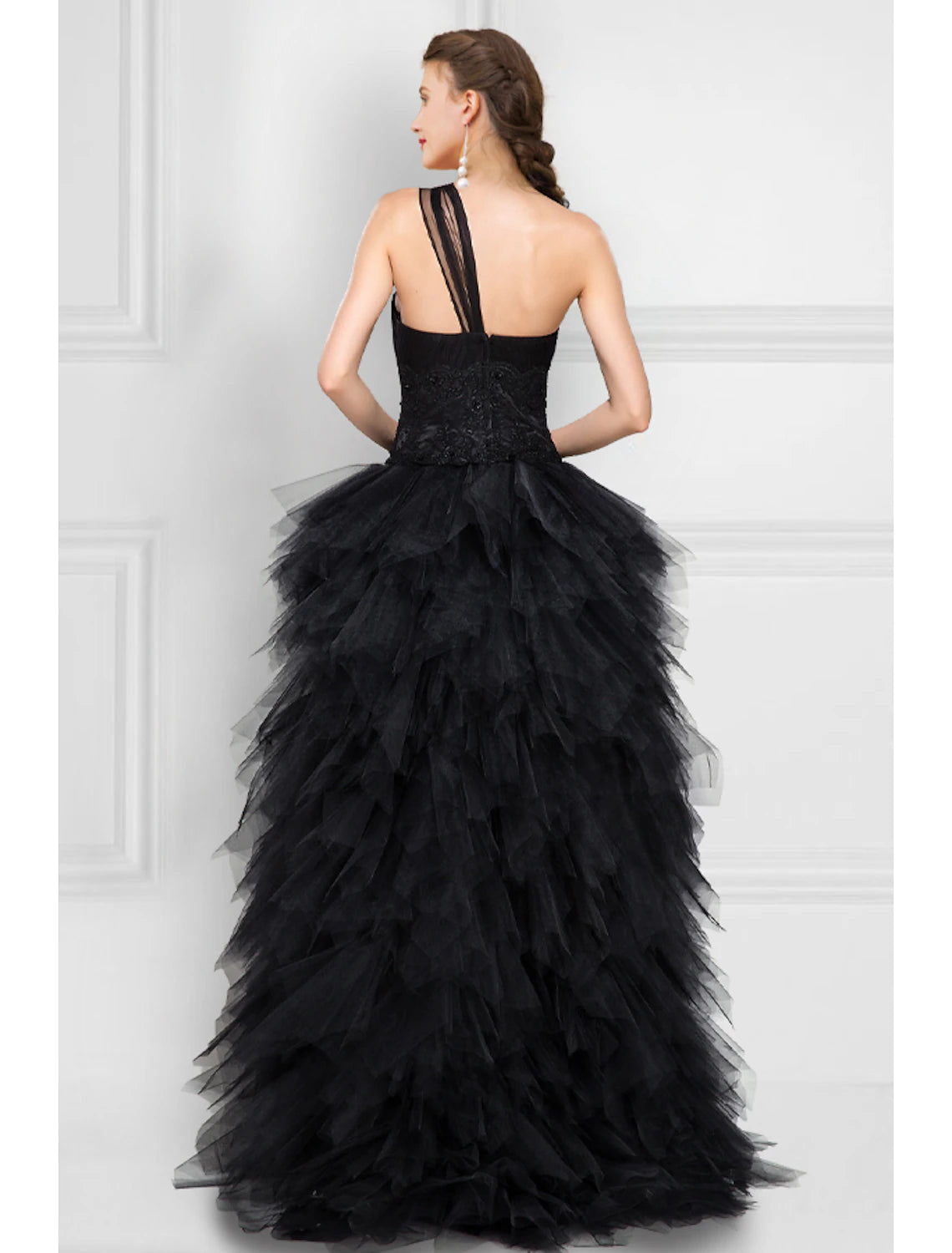 Wholesa Ball Gown Prom Black Dress Tiered Plisse Dress Masquerade Prom Asymmetrical Sleeveless One Shoulder Tulle Ladder Back with Pure Color