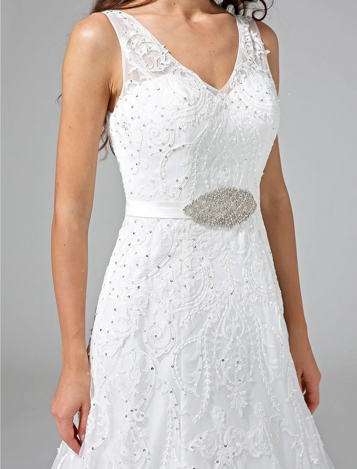 Wholesa Wedding Dresses A-Line V Neck Sleeveless Court Train Lace Bridal Gowns With Sash / Ribbon Beading