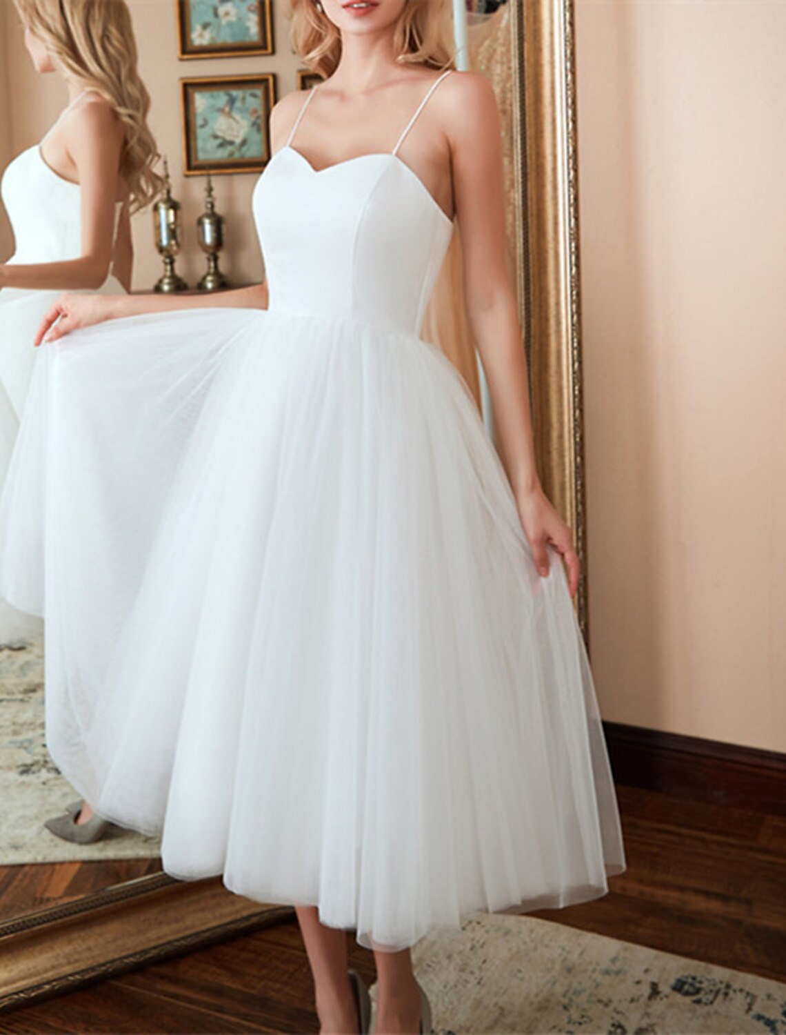 Wholesa  Reception Little White Dresses Wedding Dresses A-Line Sweetheart Camisole Spaghetti Strap Tea Length Satin Bridal Gowns With Solid Color