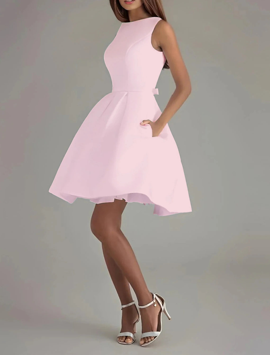Wholesa A-Line Cocktail Dresses Minimalist Dress Valentine's Day Wedding Guest Knee Length Sleeveless Boat Neck Satin V Back with Sleek Bow(s) Pure Color
