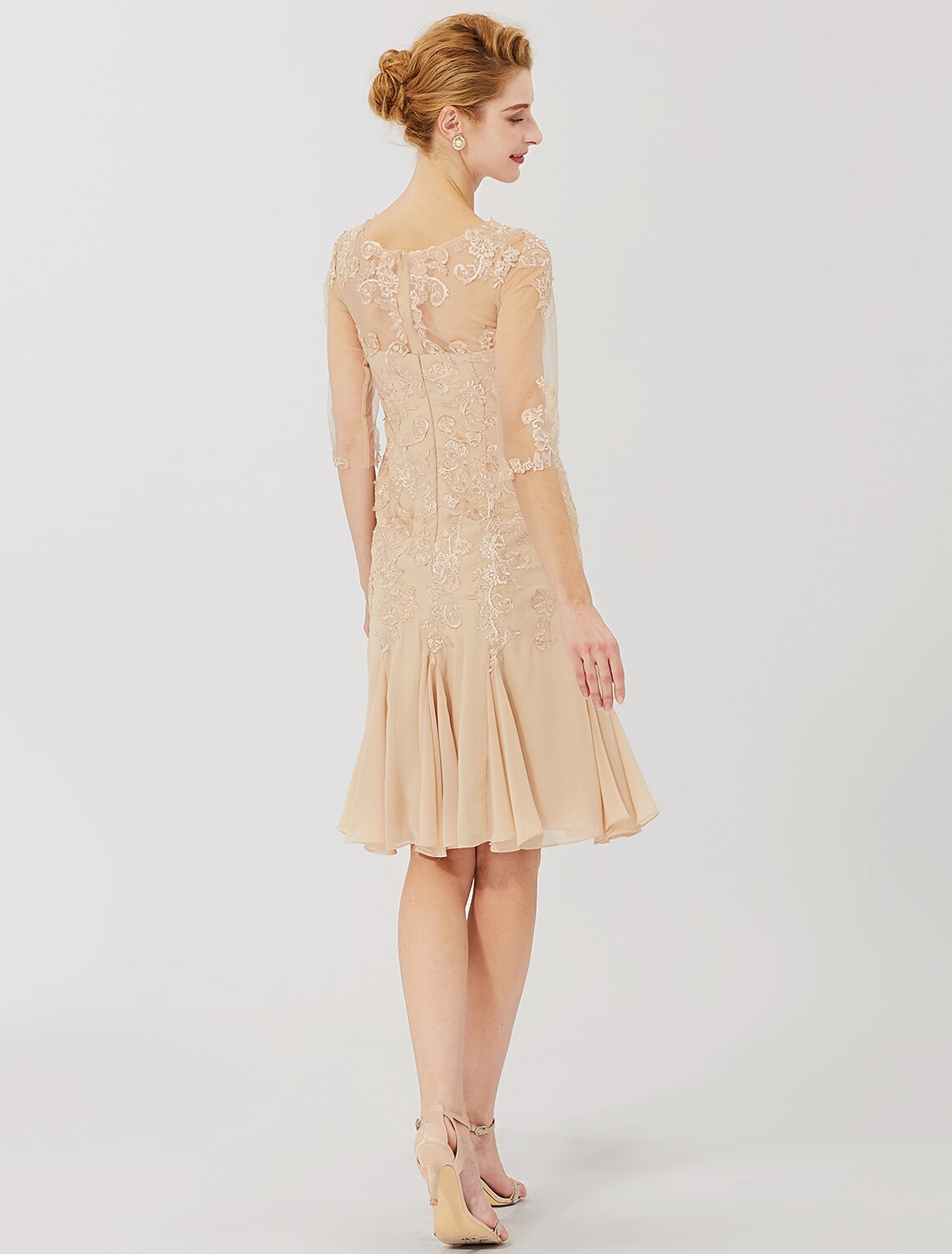 wholesale  Sheath / Column Mother of the Bride Dress Classic & Timeless Elegant & Luxurious Beautiful Back Illusion Neck Knee Length Chiffon All Over Lace Half Sleeve with Appliques