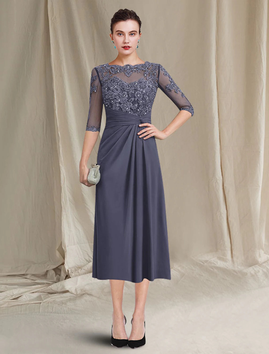 wholesale  Two Piece A-Line Mother of the Bride Dress Plus Size Elegant Jewel Neck Tea Length Chiffon Lace Half Sleeve Jacket Dresses with Crystals Appliques