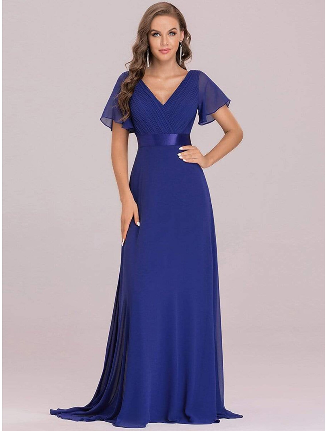 wholesale  A-Line Evening Gown Party Dress Empire Dress Wedding Guest Formal Evening Floor Length Short Sleeve V Neck Bridesmaid Dress Chiffon V Back with Ruffles Pure Color