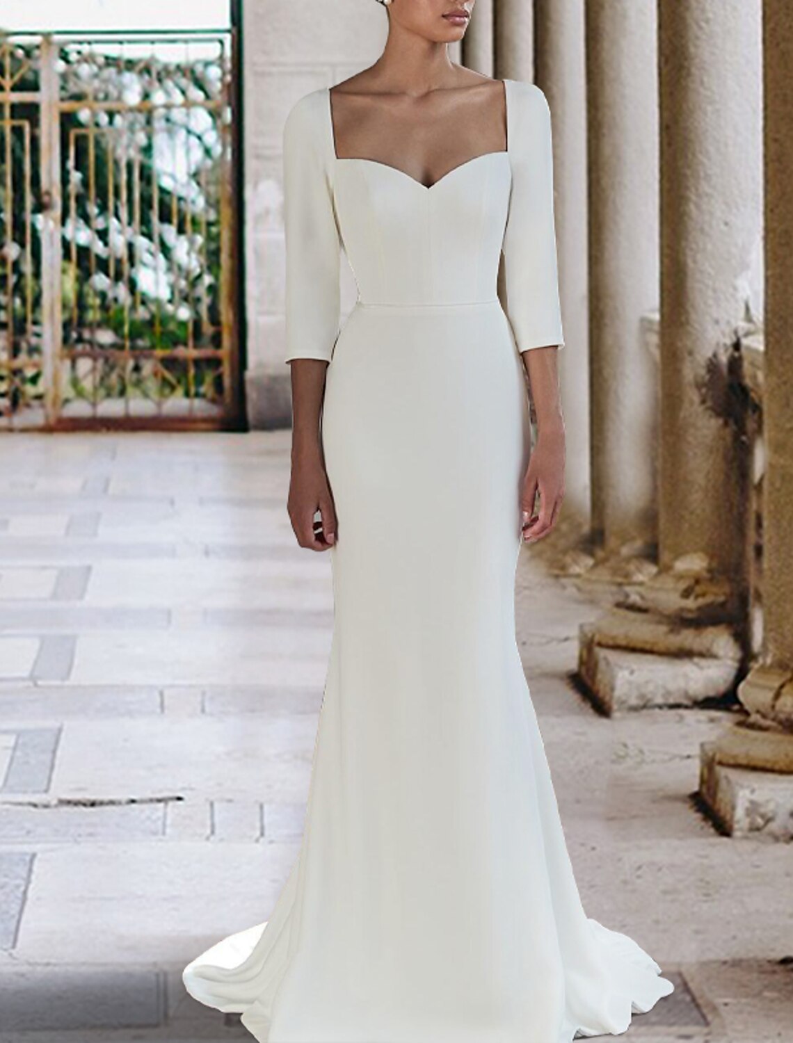 Wholesa Hall Casual Wedding Dresses Mermaid / Trumpet Sweetheart 3/4 Length Sleeve Sweep / Brush Train Stretch Fabric Bridal Gowns With Solid Color