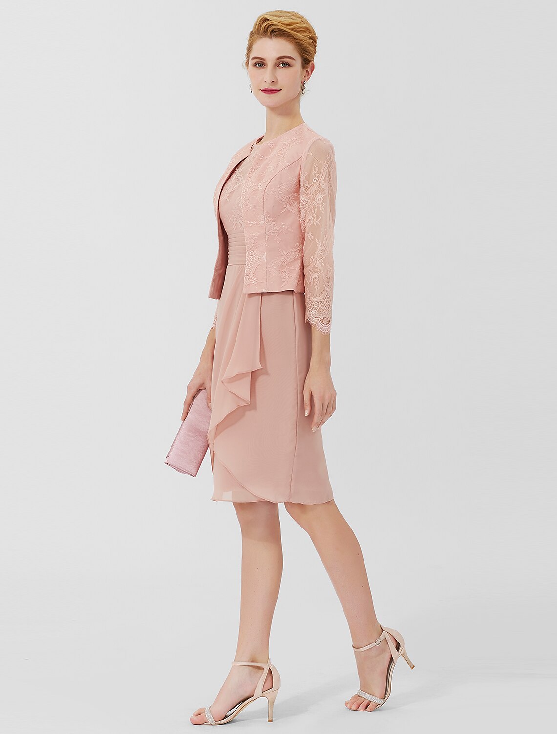 wholesale  Sheath / Column Mother of the Bride Dress Formal Classic & Timeless Elegant & Luxurious Convertible Dress Jewel Neck Knee Length Chiffon Sheer Lace 3/4 Length Sleeve with Sash / Ribbon