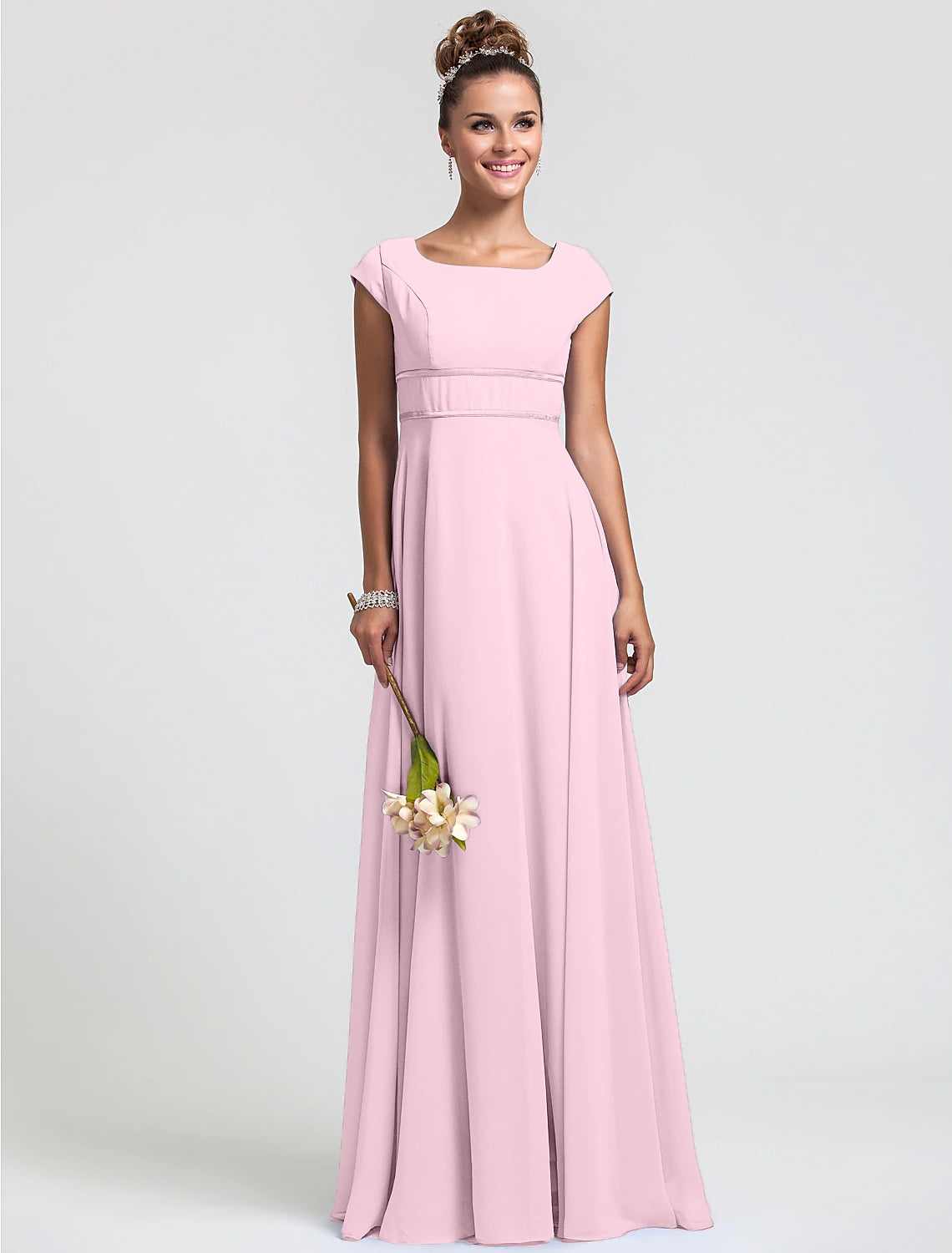 Wholesa  Sheath / Column Bridesmaid Dress Square Neck Short Sleeve Elegant Floor Length Chiffon with Sash / Ribbon / Pleats