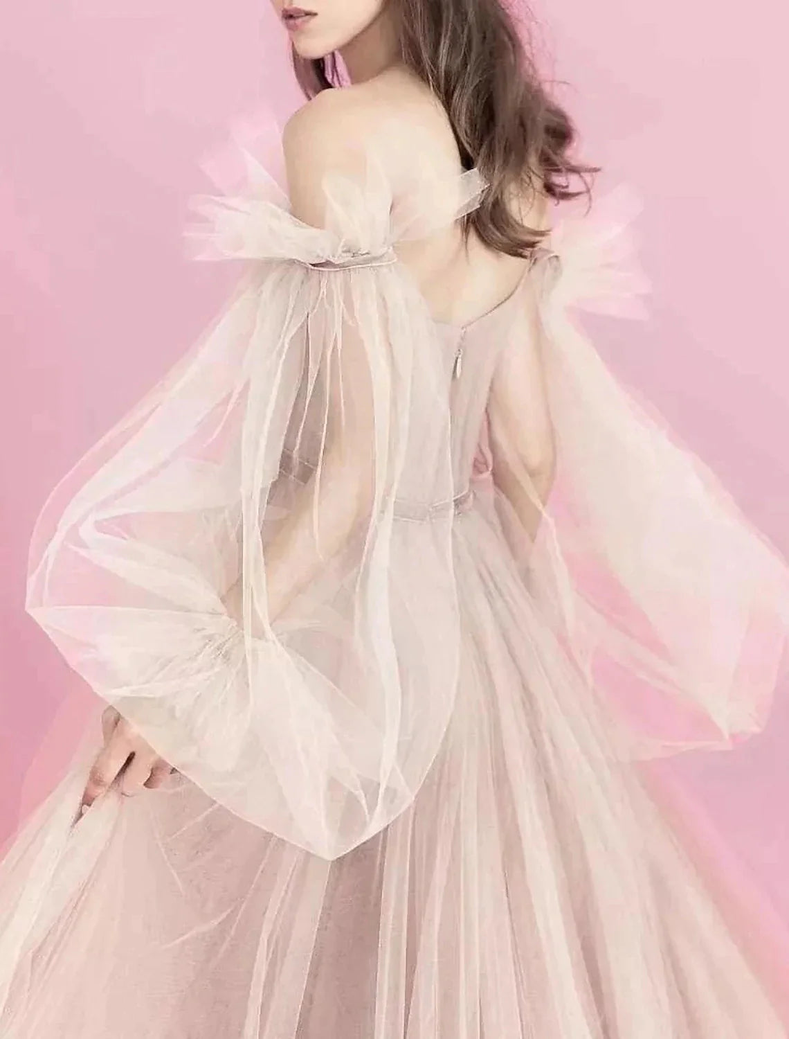 Wholesa A-Line Elegant Boho Engagement Formal Evening Birthday Dress Scoop Neck Long Sleeve Sweep / Brush Train Tulle with Pleats Ruched