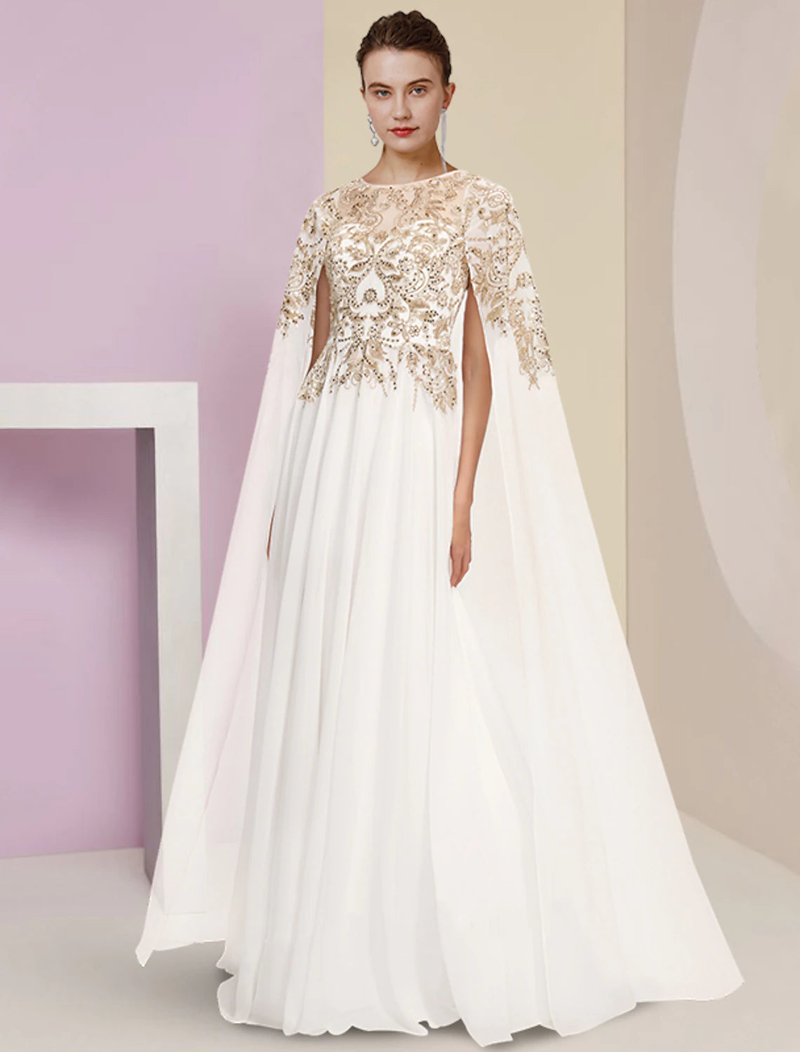 wholesale  Sheath / Column Mother of the Bride Dress Wedding Guest Party Luxurious Jewel Neck Floor Length Chiffon Lace Sequined Long Sleeve with Pleats