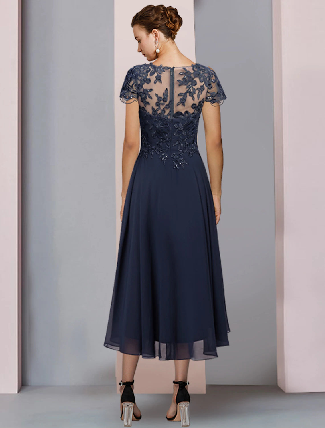wholesale  A-Line Mother of the Bride Dress Formal Wedding Guest Elegant Scoop Neck Jewel Neck Tea Length Chiffon Lace Short Sleeve with Pleats Sequin Appliques