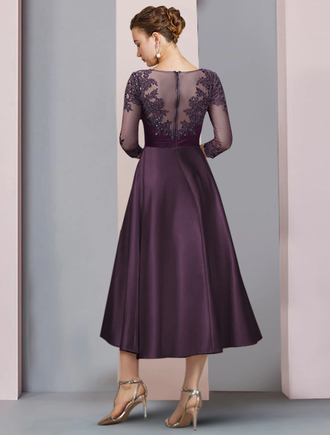 wholesale A-Line Mother of the Bride Dress Wedding Guest Elegant Scoop Neck Tea Length Satin Lace Half Sleeve with Sequin Appliques