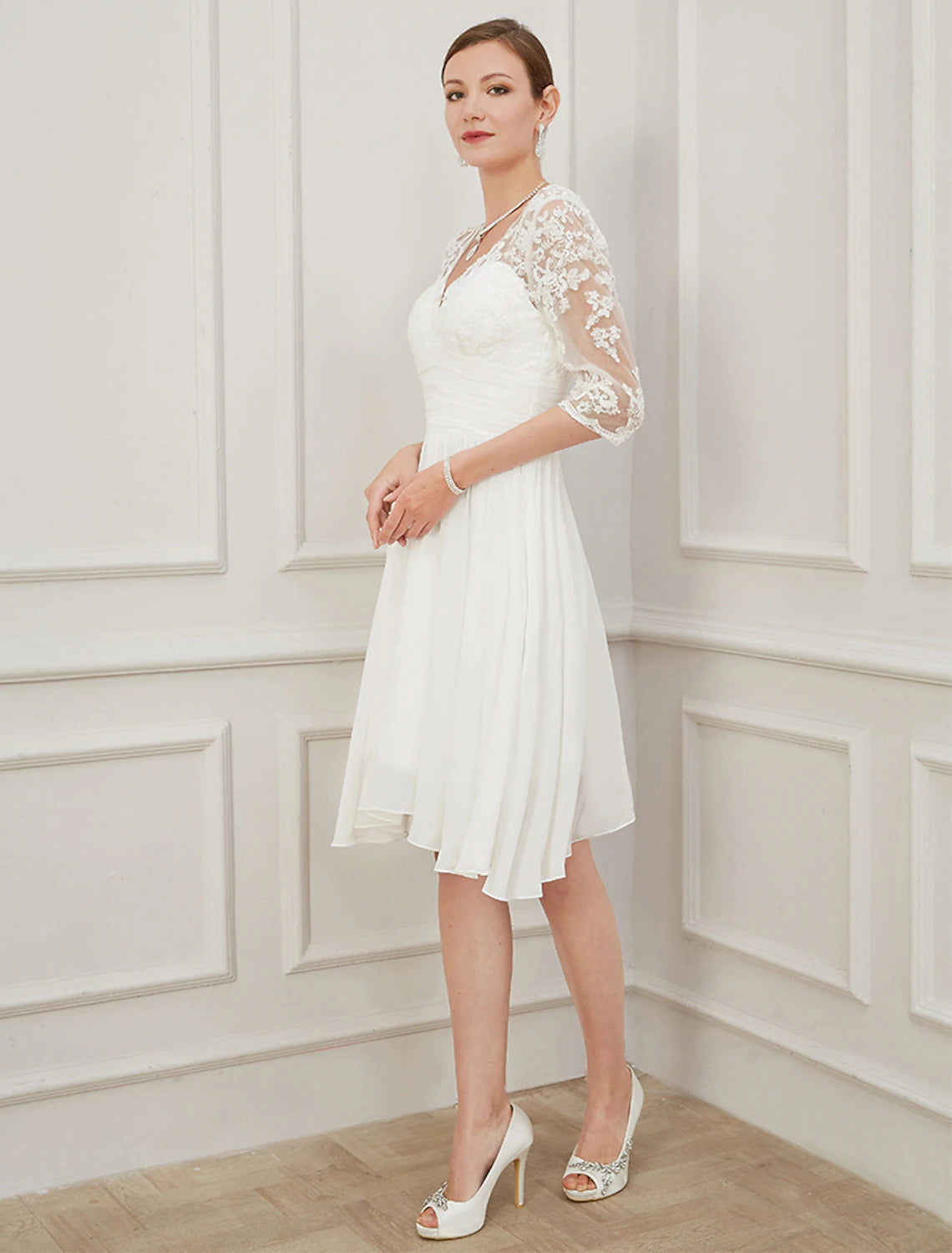 wholesale  Reception Little White Dresses Fall Wedding Dresses A-Line V Neck Half Sleeve Knee Length Chiffon Bridal Gowns With Draping Appliques