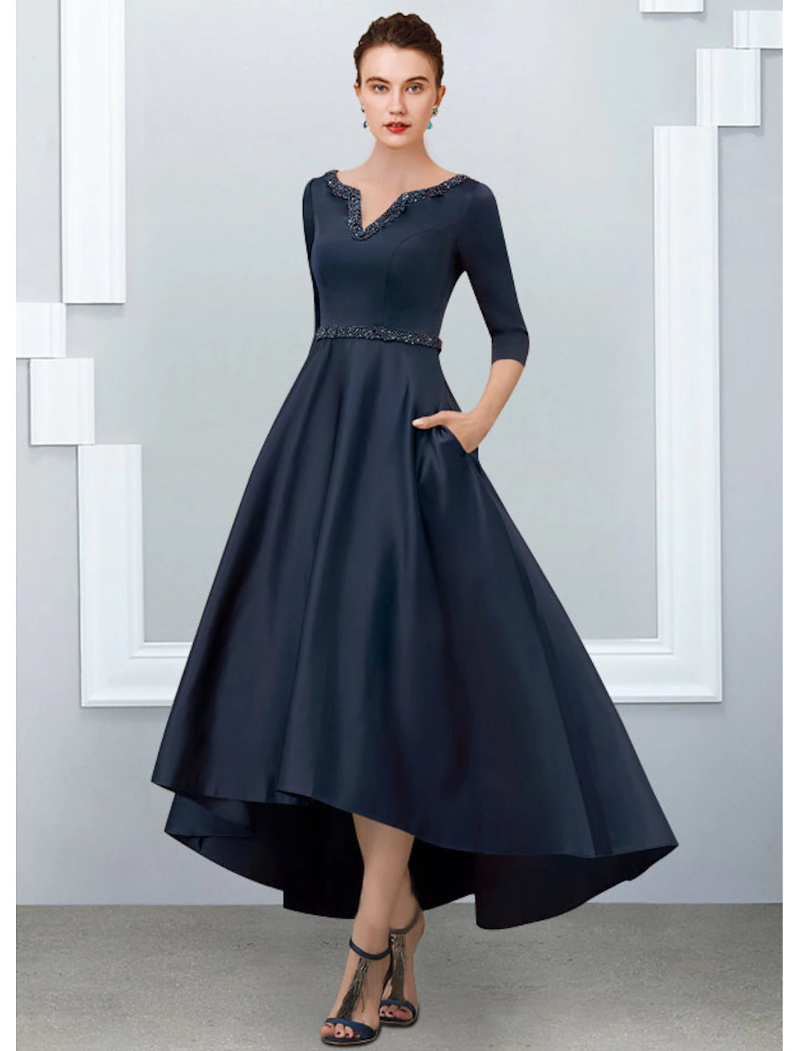 wholesale  A-Line Mother of the Bride Dress Elegant High Low V Neck Asymmetrical Ankle Length Satin Half Sleeve with Pleats