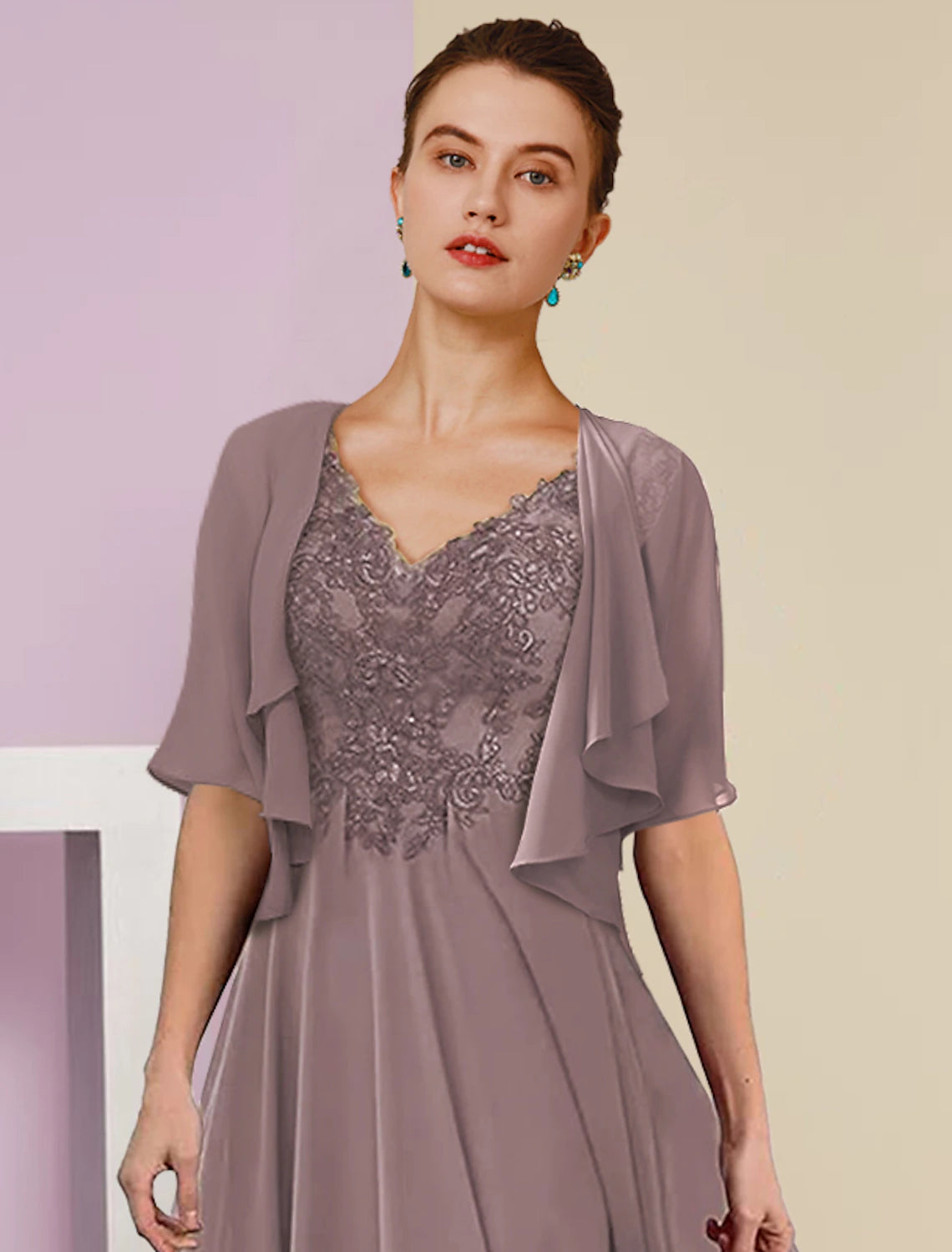 wholesale   Two Piece A-Line Mother of the Bride Dress Formal Wedding Guest Elegant V Neck Tea Length Chiffon Lace Short Sleeve Jacket Dresses with Pleats Appliques